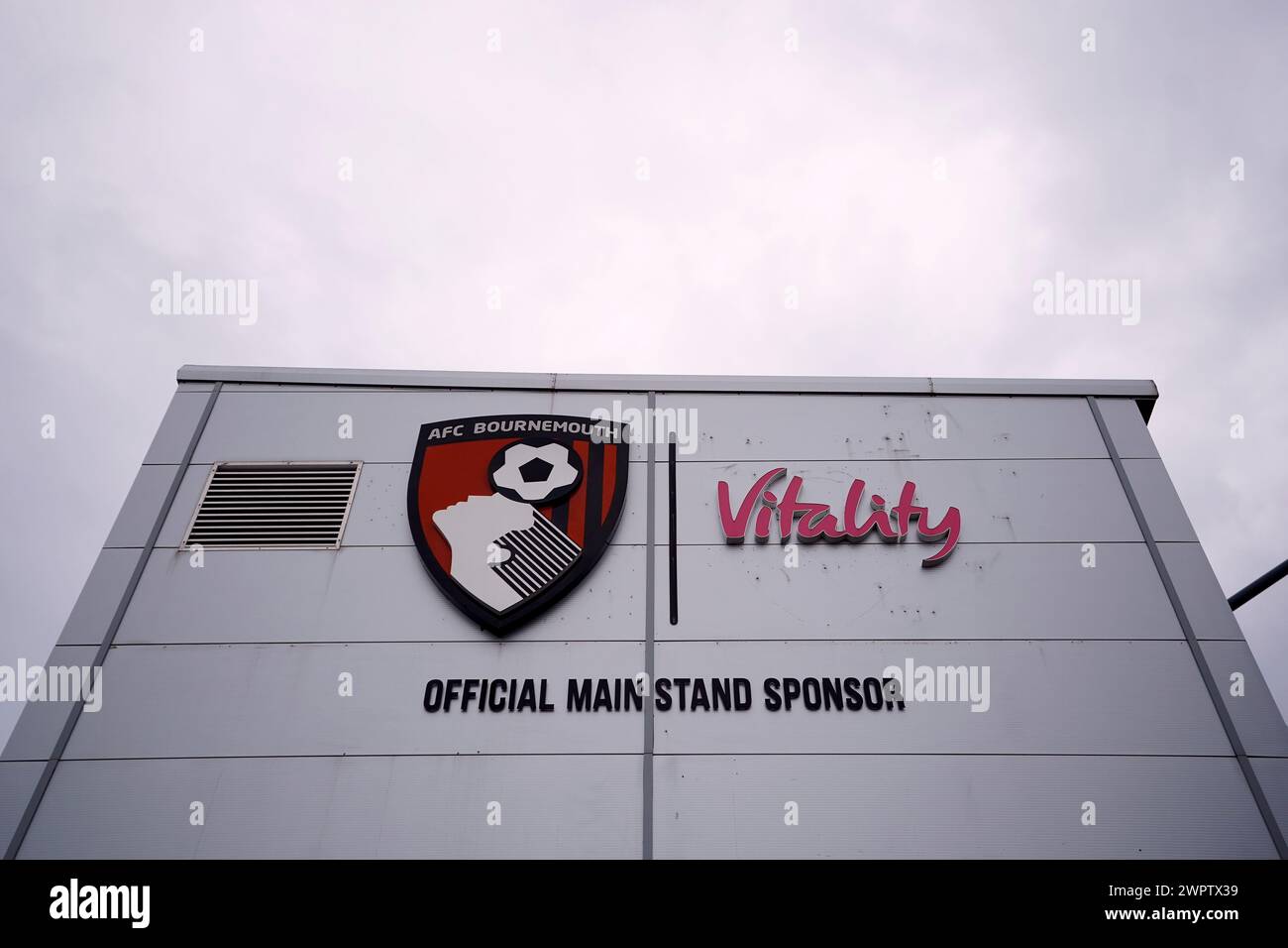 A Bournemouth club crest and Vitality sponsorship on the outside of a stand during the Premier League match at the Vitality Stadium, Bournemouth. Picture date: Saturday March 9, 2024. Stock Photo
