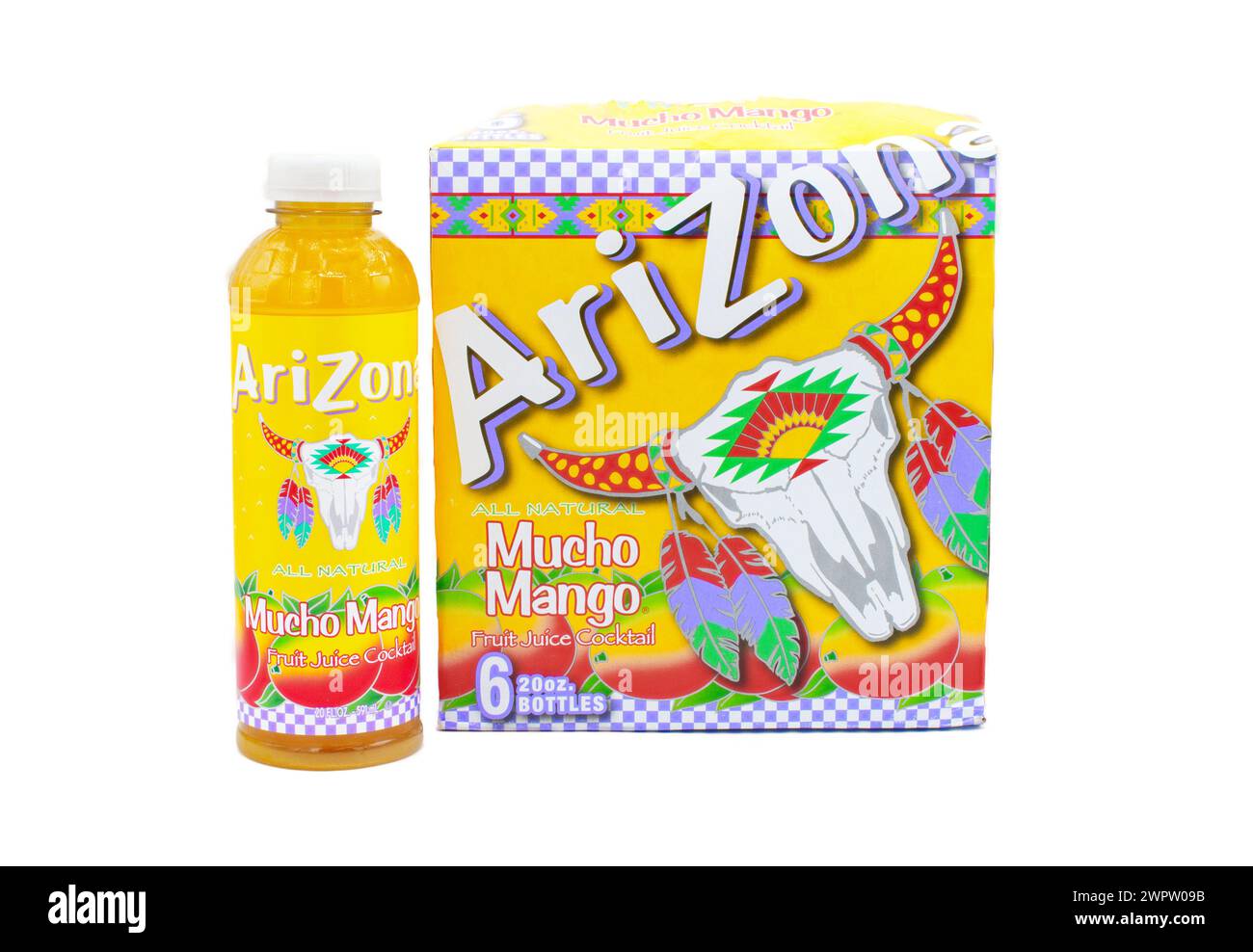 Ocala, FL 3-6-2024 plastic bottle or can of Arizona brand 100 percent all natural macho mango fruit juice cocktail, beverage. Vitamin C fortified. Box Stock Photo