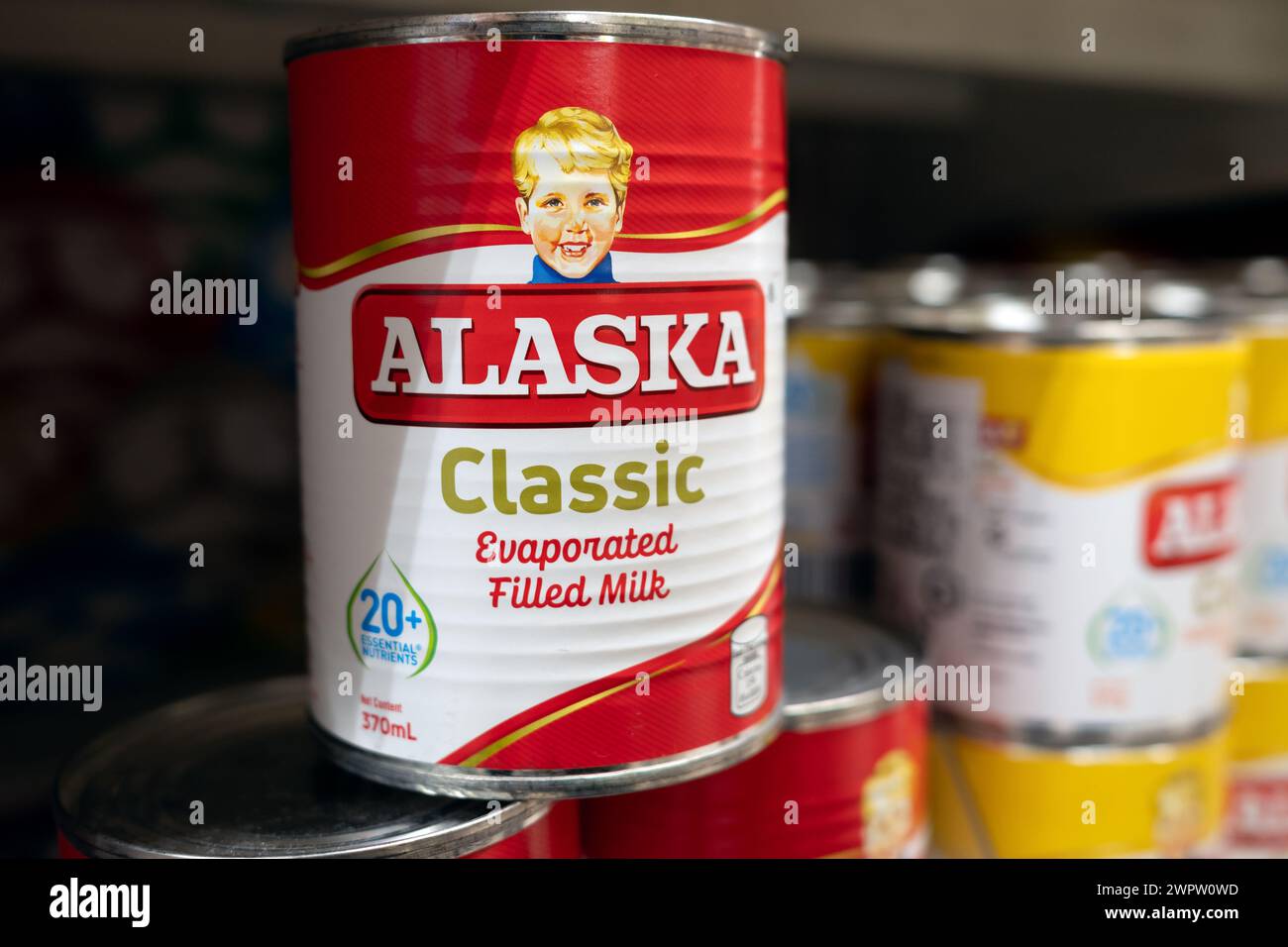 Alaska classic evaporated milk in can - product of the Philippines Stock Photo