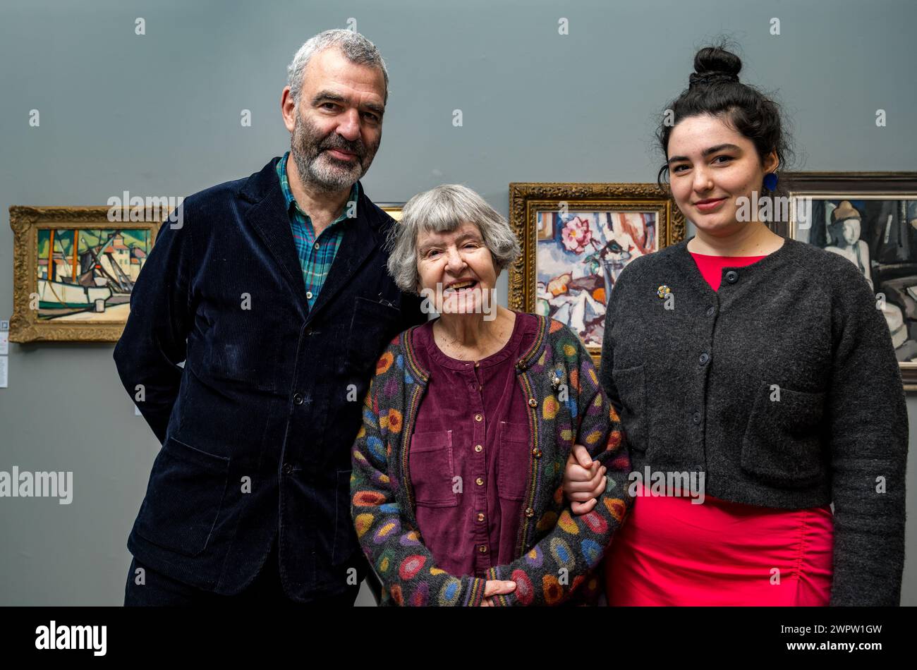 Edinburgh, Scotland, UK, 9th March 2024. The Scottish Gallery: a new exhibition at the New Town art gallery. A Legacy in Colour: The Peploe Family showcases work by Samuel J Peploe and 3 family members: his brother W.W. Peploe, his son Denis Peploe &  Clotilde Peploe (married to SJ's son Willy). Pictured: Guy Peploe, his mother Elizabeth (wife of Denis Peploe) & Guy's daughter Iris. Credit: Sally Anderson/Alamy Live News Stock Photo
