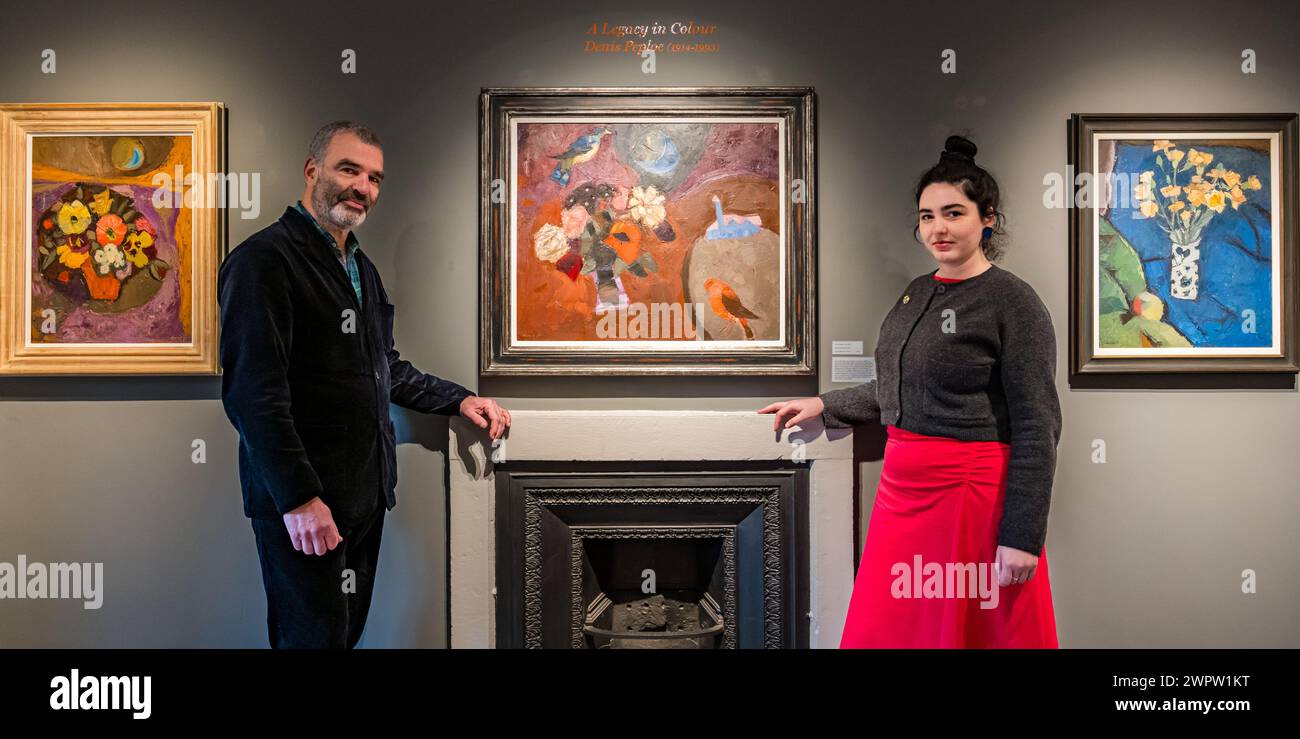 Edinburgh, Scotland, UK, 9th March 2024. The Scottish Gallery: a new exhibition at the New Town art gallery. A Legacy in Colour: The Peploe Family showcases work by Samuel J Peploe and 3 family members: his brother W.W. Peploe, his son Denis Peploe &  Clotilde Peploe (married to SJ's son Willy). Pictured: Guy Peploe & his daughter Iris with paintings by their father/grandfather Denis. Credit: Sally Anderson/Alamy Live News Stock Photo