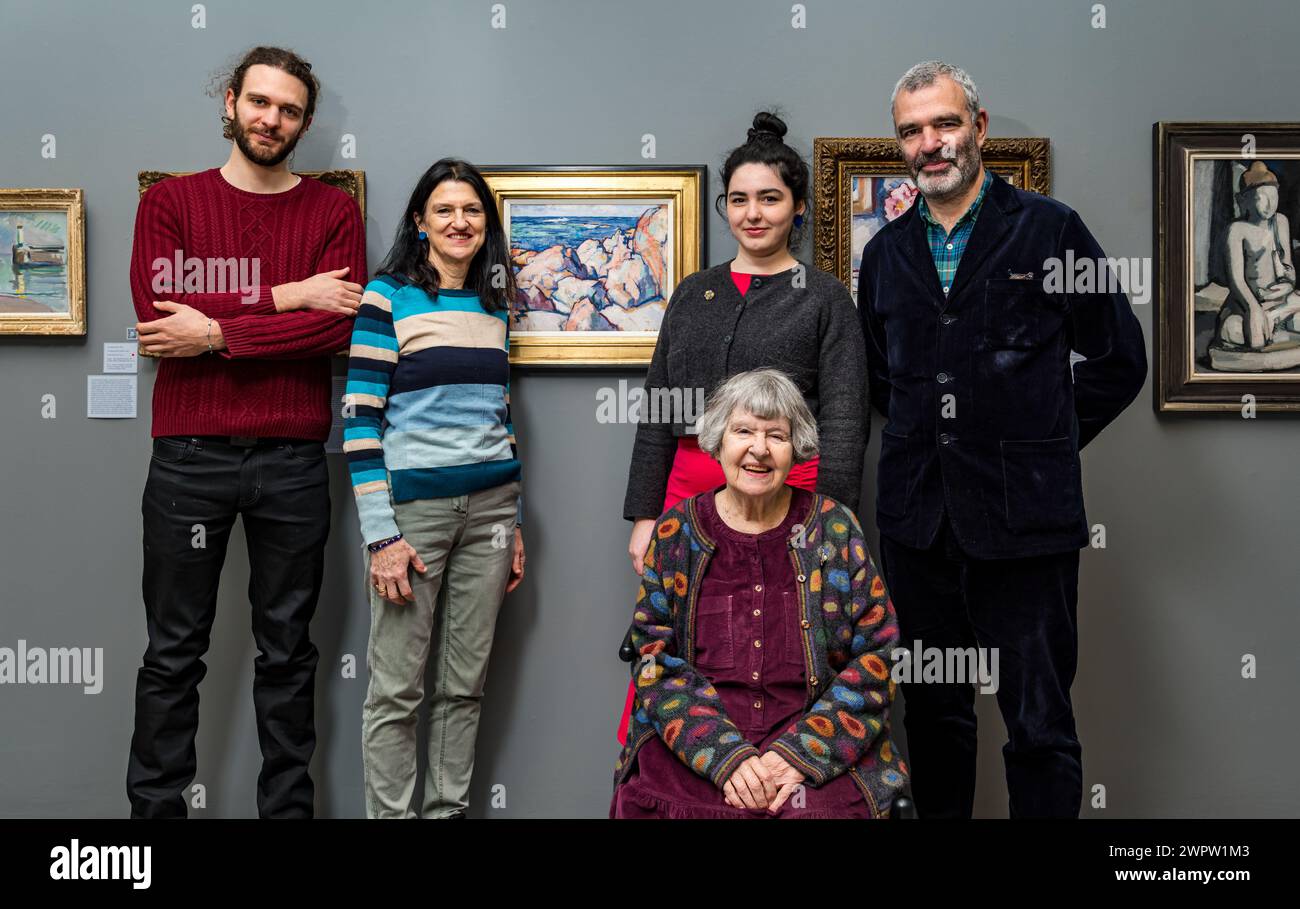 Edinburgh, Scotland, UK, 9th March 2024. The Scottish Gallery: a new exhibition at the New Town art gallery. A Legacy in Colour: The Peploe Family showcases work by Samuel J Peploe and 3 family members: his brother W.W. Peploe, his son Denis Peploe &  Clotilde Peploe (married to SJ's son Willy). Pictured: Mother & grandmother Elizabeth Peploe (seated, wife of Denis Peploe) (L-R) Denis Iannoukos, his mother Lucy Peploe (sister to Guy), Iris Peploe & Guy Peploe (granddaughter and son of Elizabeth). Credit: Sally Anderson/Alamy Live News Stock Photo