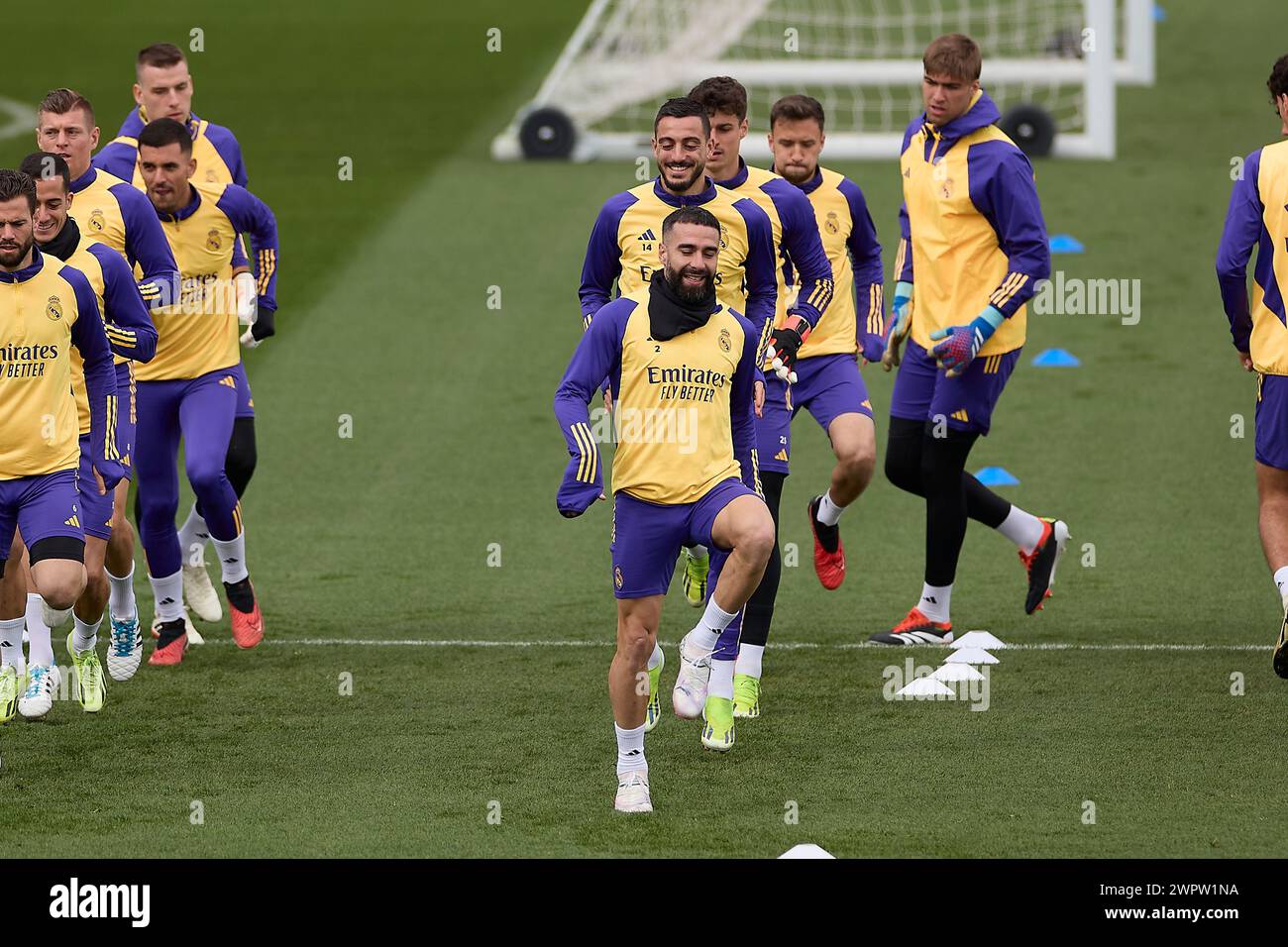 Madrid, Spain. 09th Mar, 2024. Daniel Carvajal, Jose Luis Mato Sanmartin, known as Joselu, Kepa Arrizabalaga, Alvaro Carrillo and Francisco Gonzalez, known as Fran Gonzalez of Real Madrid CF warm up during the training session ahead of the La Liga week 28 football match between Real Madrid CF and RC Celta at Ciudad Real Madrid. (Photo by Federico Titone/SOPA Images/Sipa USA) Credit: Sipa USA/Alamy Live News Stock Photo