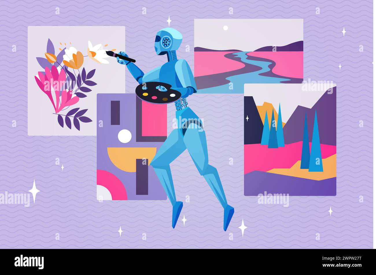 Art content generator, creativity of artificial intelligence. Robot artist with brush and palette flying to draw creative picture in virtual digital gallery of artworks cartoon vector illustration Stock Vector