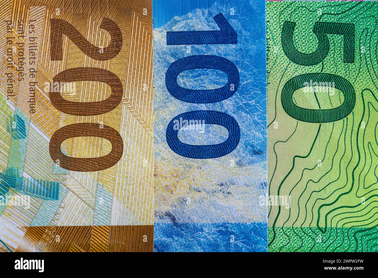 Closeup of 50, 100 and 200 Swiss franc banknotes for design purpose ...