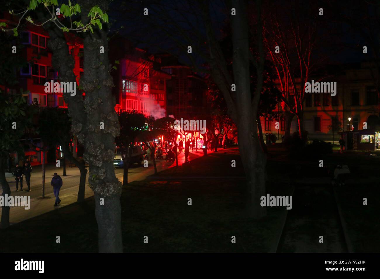 March 8, 2024, La Felguera, Asturias, Spain: La Felguera, Spain, 08th March, 2024: Flares were used to give color to the demonstration during the 8M Commission Demonstration in Langreo for International Women's Day 2024, on March 08, 2024, in La Felguera, Spain. (Credit Image: © Alberto Brevers/Pacific Press via ZUMA Press Wire) EDITORIAL USAGE ONLY! Not for Commercial USAGE! Stock Photo