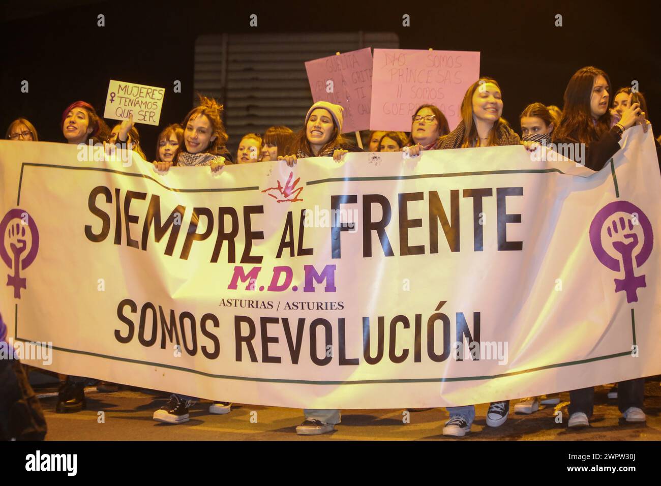 Sama, Spain. 08th Mar, 2024. One of the demonstration banners with 'Always at the Front, We Are Revolution' during the 8M Commission Demonstration in Langreo for International Women's Day 2024, on March 08, 2024, in Sama, Spain. (Photo by Alberto Brevers/Pacific Press) Credit: Pacific Press Media Production Corp./Alamy Live News Stock Photo