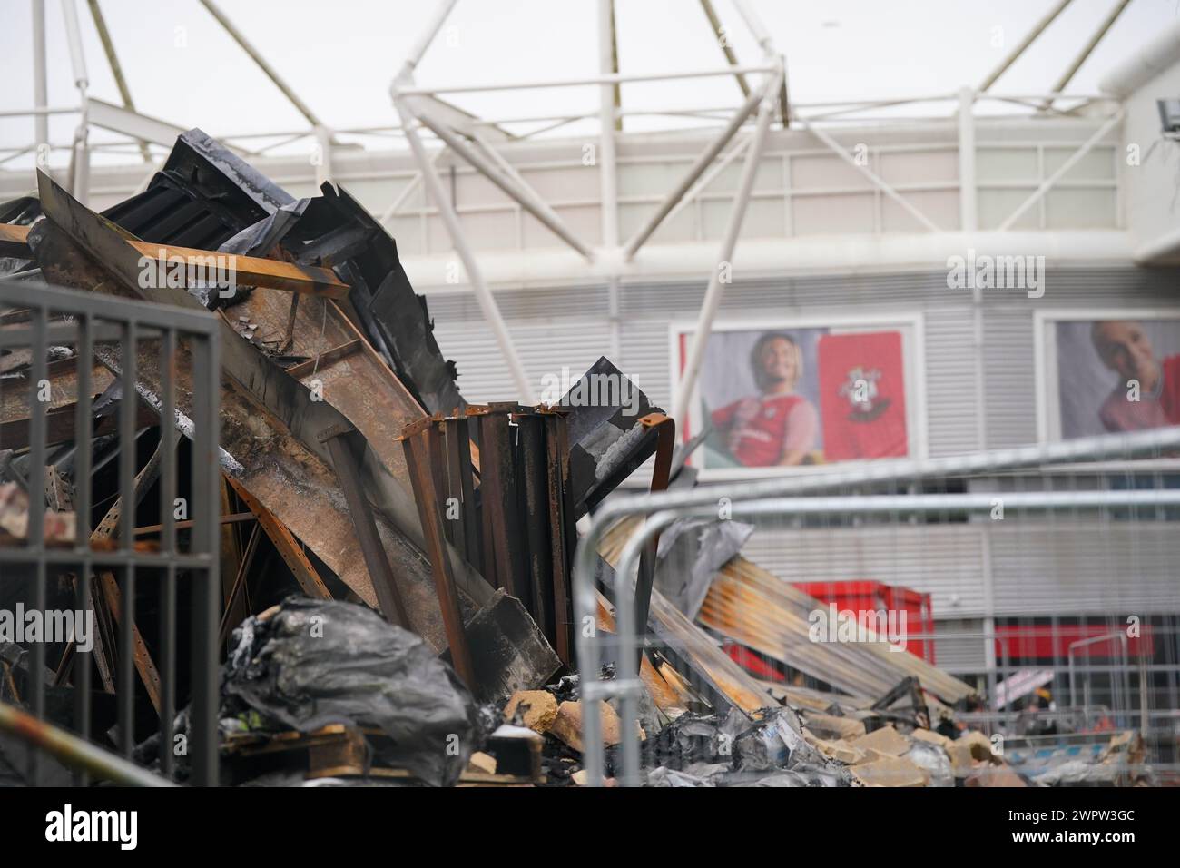 Damage following a fire on Wednesday in Marine Parade, near St Mary's Stadium, ahead of the Sky Bet Championship match at St Mary's Stadium, Southampton. Picture date: Saturday March 9, 2024. Stock Photo