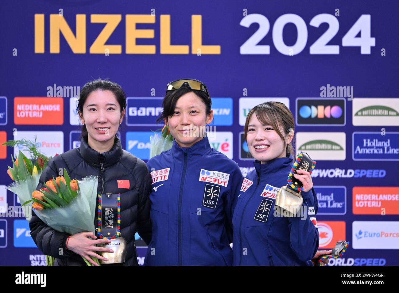 Inzell, Germany. 09th Mar, 2024. Speed skating, sprint world championships, women, 500 meter all-around, award ceremony. Han Mei (l-r, 2nd place, China), Miho Takagi (1st place, Japan) and Ayano Sato (3rd place, Japan) are delighted with their placings. Credit: Peter Kneffel/dpa/Alamy Live News Stock Photo