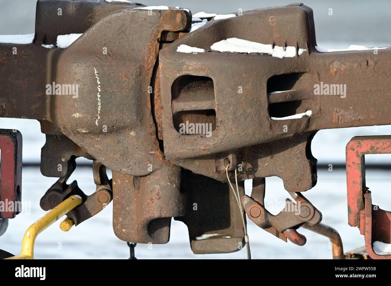 Winfield, Illinois, USA. Freight car knuckle couplers linking cars that