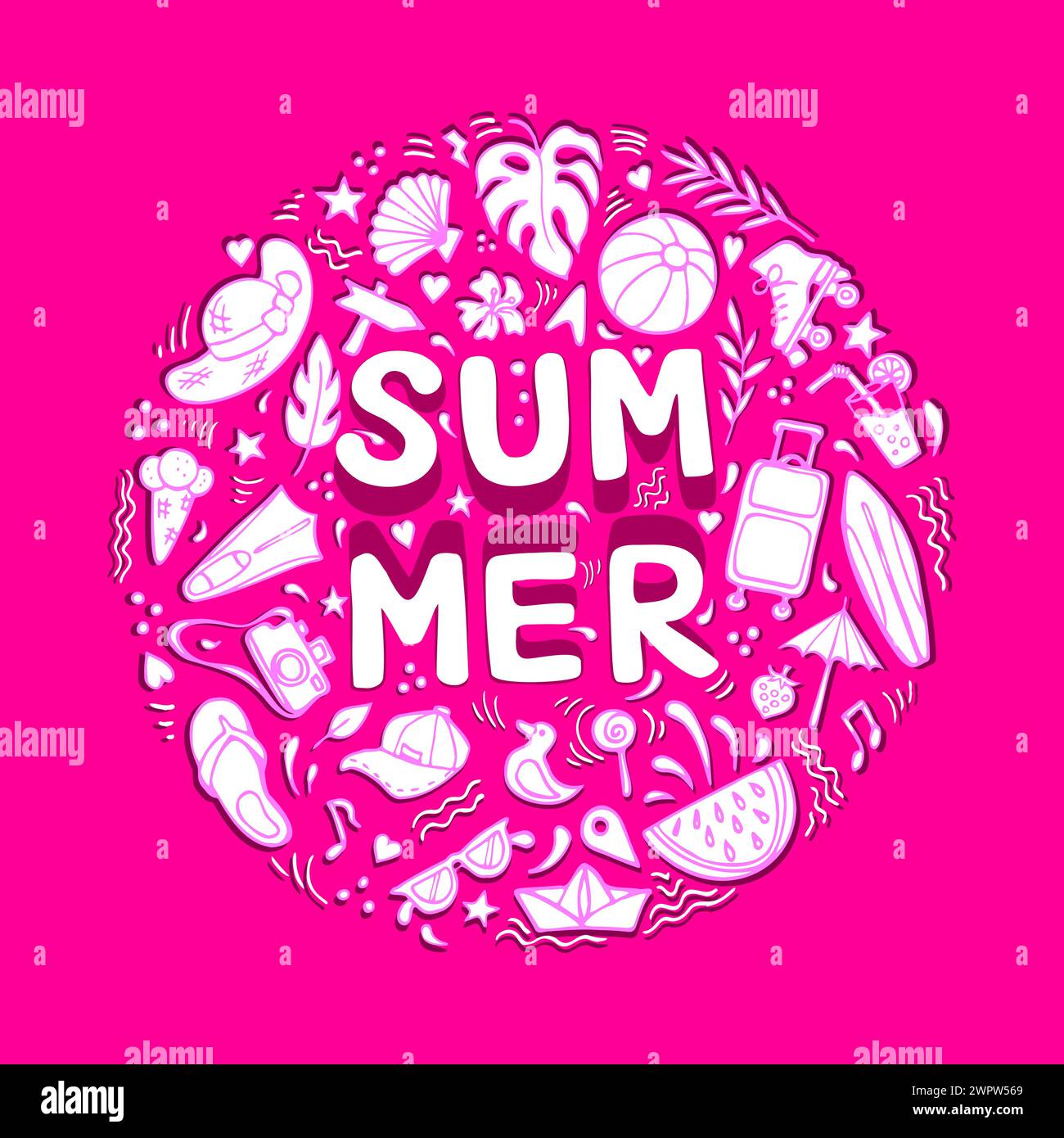 Summer composition made of doodle objects with shadow cutout effect Stock Vector