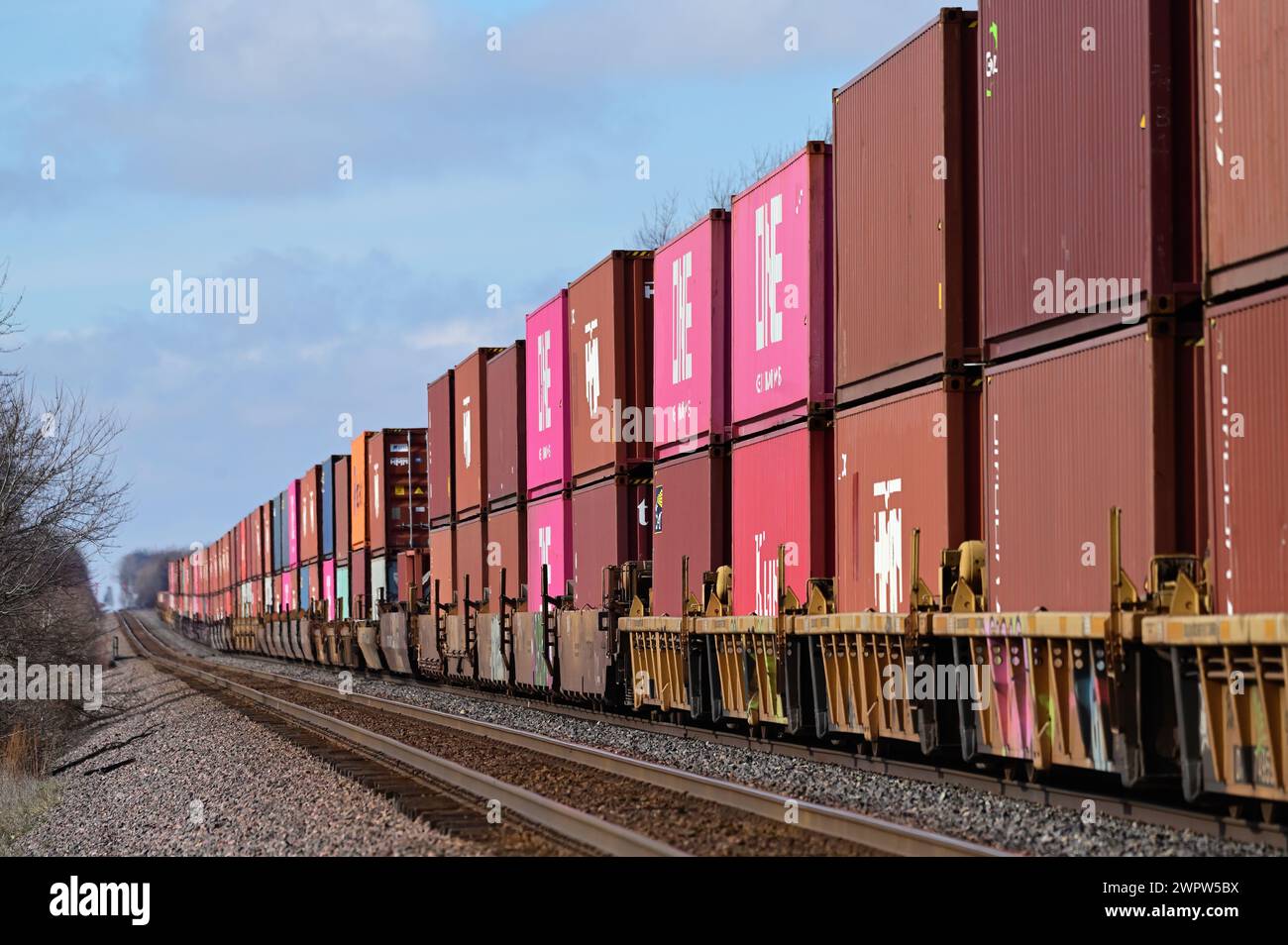 Cortland, Illinois, USA. Intermodal freight containers fill cars that stretch toward the hoizon on a Union Pacific Railroad stack train. Stock Photo