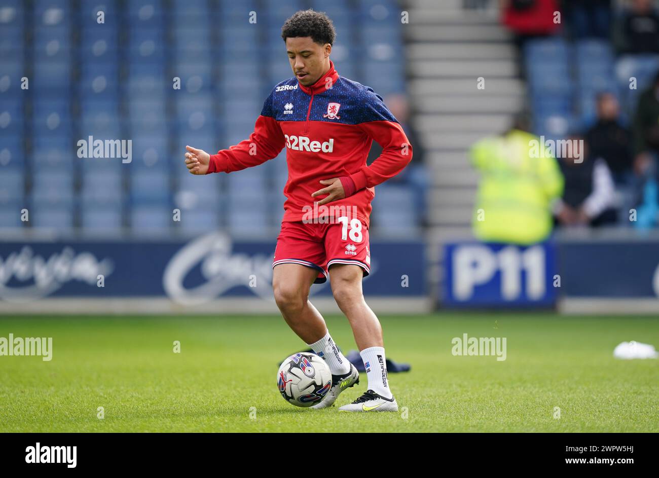 LONDON, ENGLAND - MARCH 9: Samuel Silvera of Middlesbrough warming up prior to the Sky Bet Championship match between Queens Park Rangers and Middlesbrough at Loftus Road on March 9, 2024 in London, England.(Photo by Dylan Hepworth/MB Media) Stock Photo