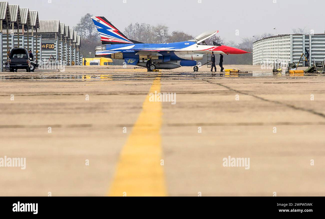A Royal Thai Air Force F-16 Fighting Falcon taxis before take off for flying operations with the U.S. Air Force during Exercise Cobra Gold 2019 Stock Photo