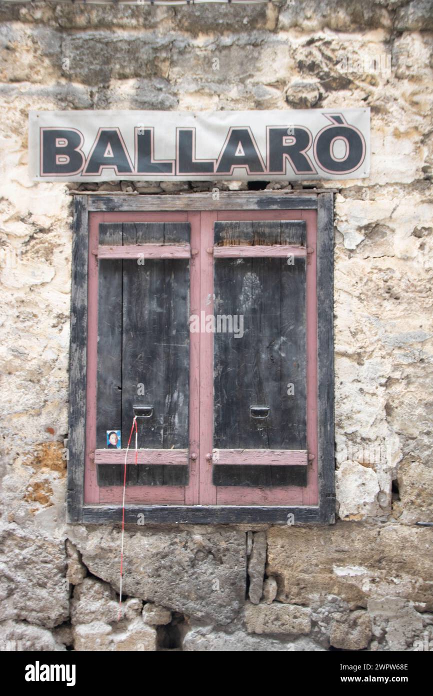 At Palermo, Italy, On october 2023, wooden window with the sign 'Ballaro', name of traditional food market Stock Photo