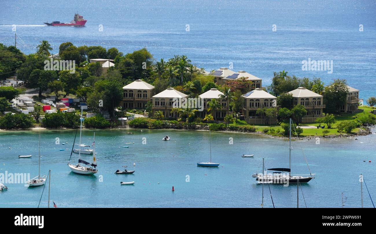 St John, U.S Virgin Islands - February 21, 2024 - The aerial view of the waterfront hotel and resorts by Cruz Bay Stock Photo