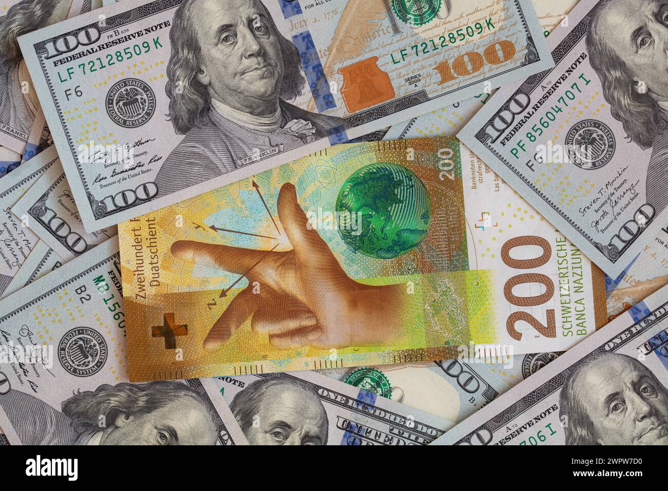 Closeup of 200 Swiss franc banknote and 100 dollar banknote for design ...