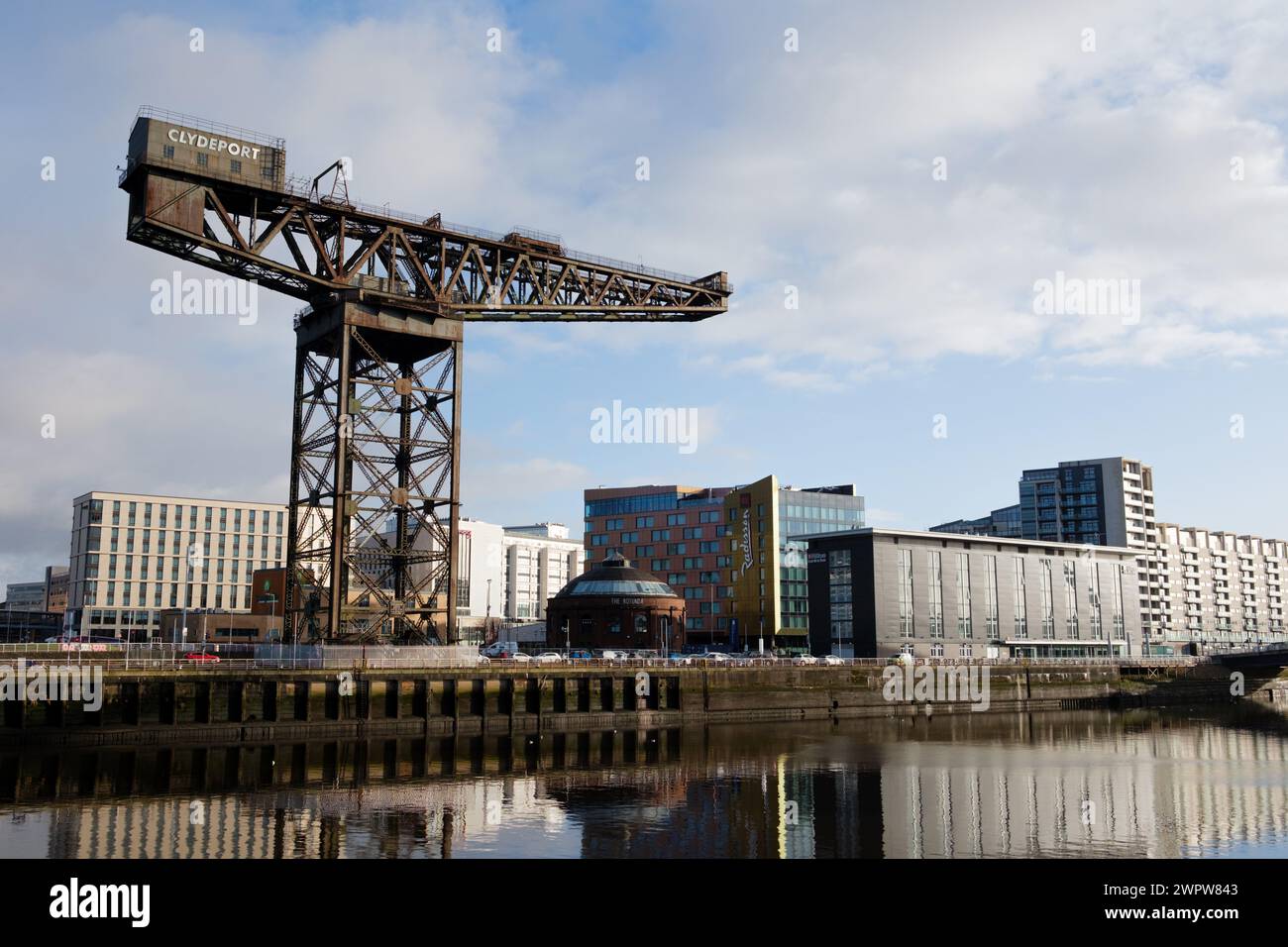 Glasgow Scotland: 13th Feb 2024: Finnieston Crane on a sunny golden hour morning. Banks of the River Clyde Stock Photo