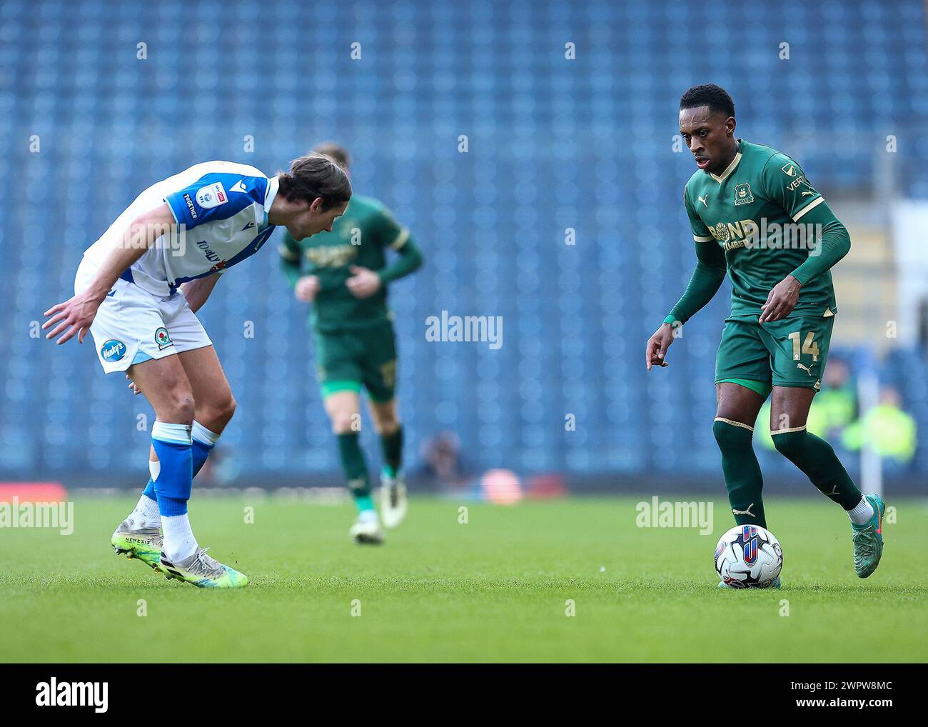 Mickel Miller of Plymouth Argyle attacking during the Sky Bet Championship match Blackburn Rovers vs Plymouth Argyle at Ewood Park, Blackburn, United Kingdom, 9th March 2024 (Photo by Stan Kasala/News Images) in, on 3/9/2024. (Photo by Stan Kasala/News Images/Sipa USA) Credit: Sipa USA/Alamy Live News Stock Photo