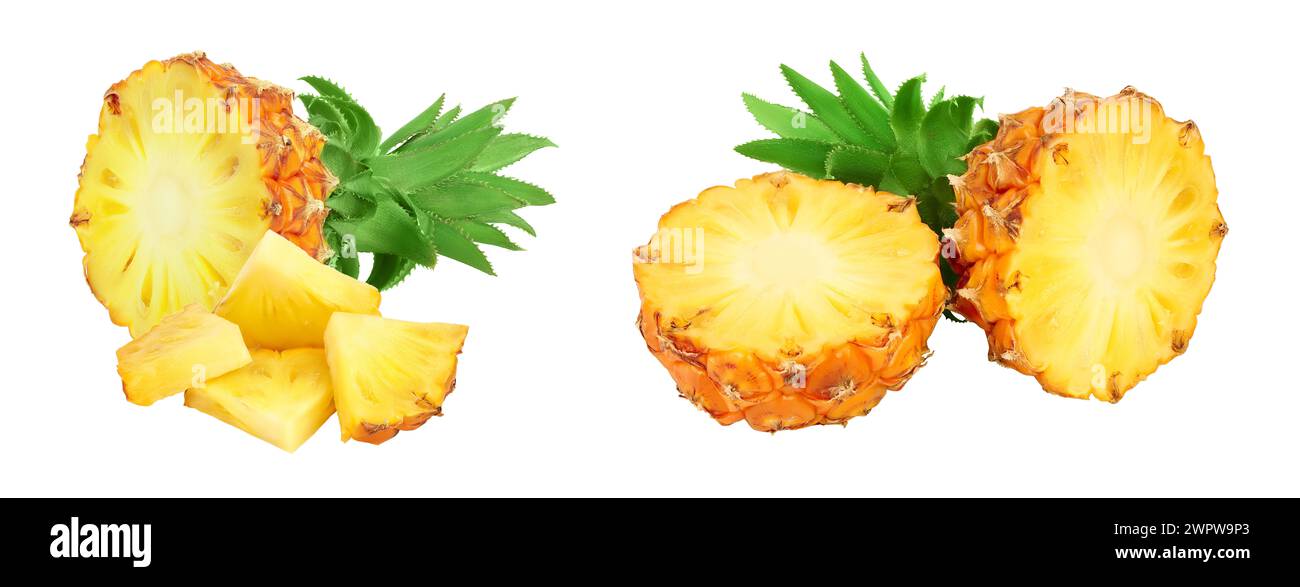 pineapple half and slices isolated on white background with full depth ...