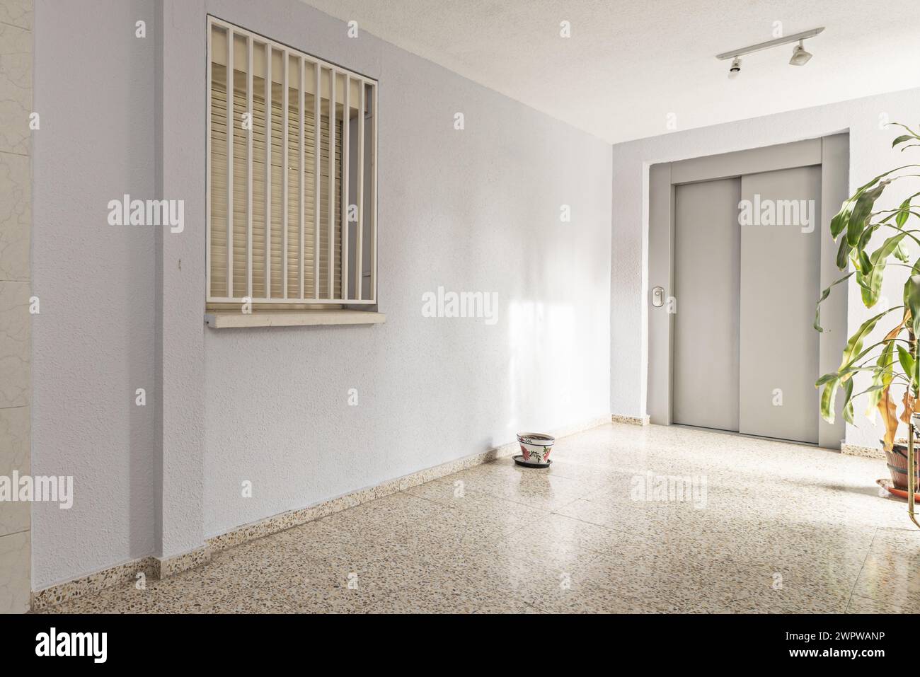 A landing of a residential building with a closed elevator door and some floors Stock Photo