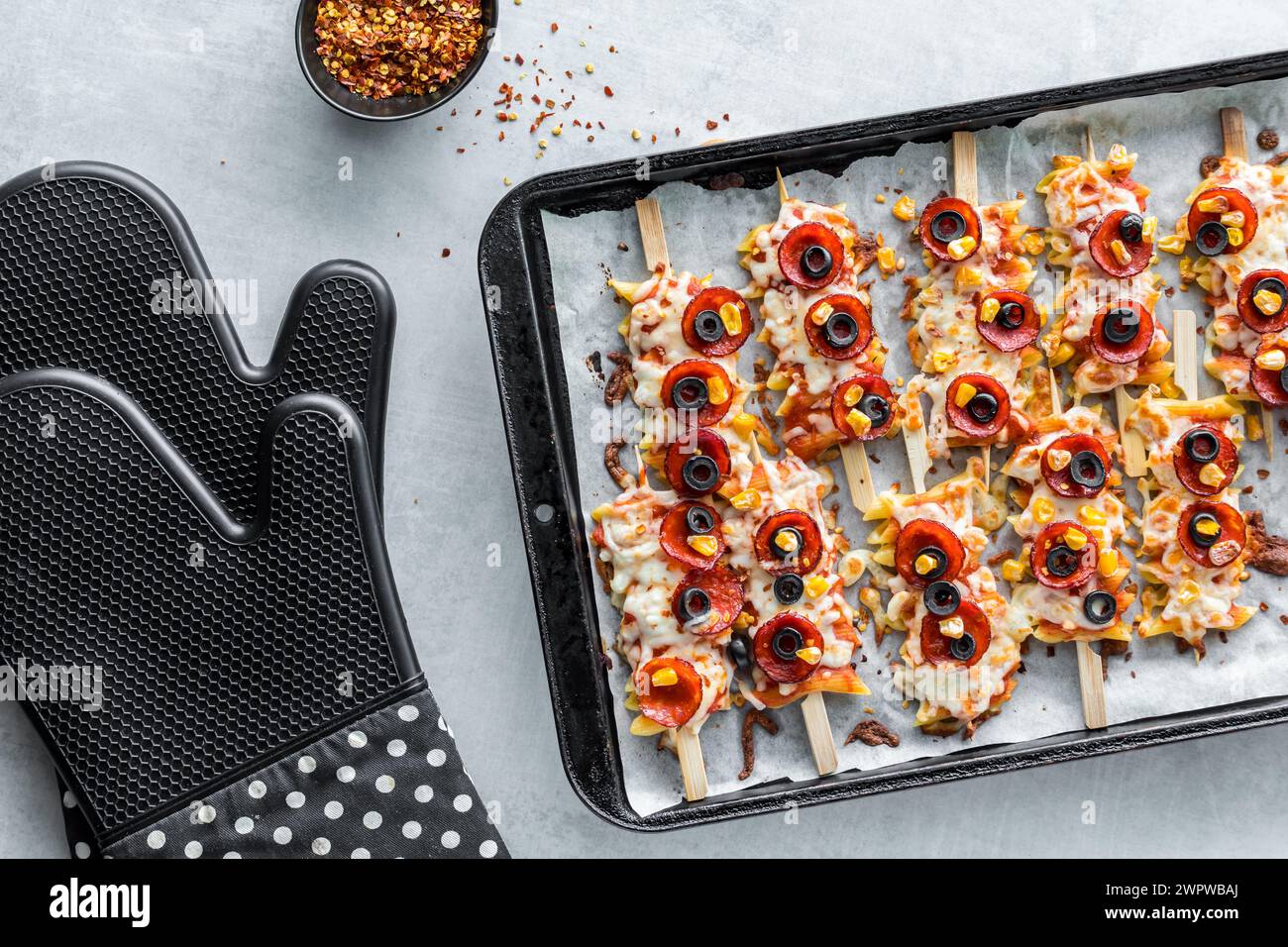 Homemade Pizza Pasta Skewers, a great after school snack, hot out of