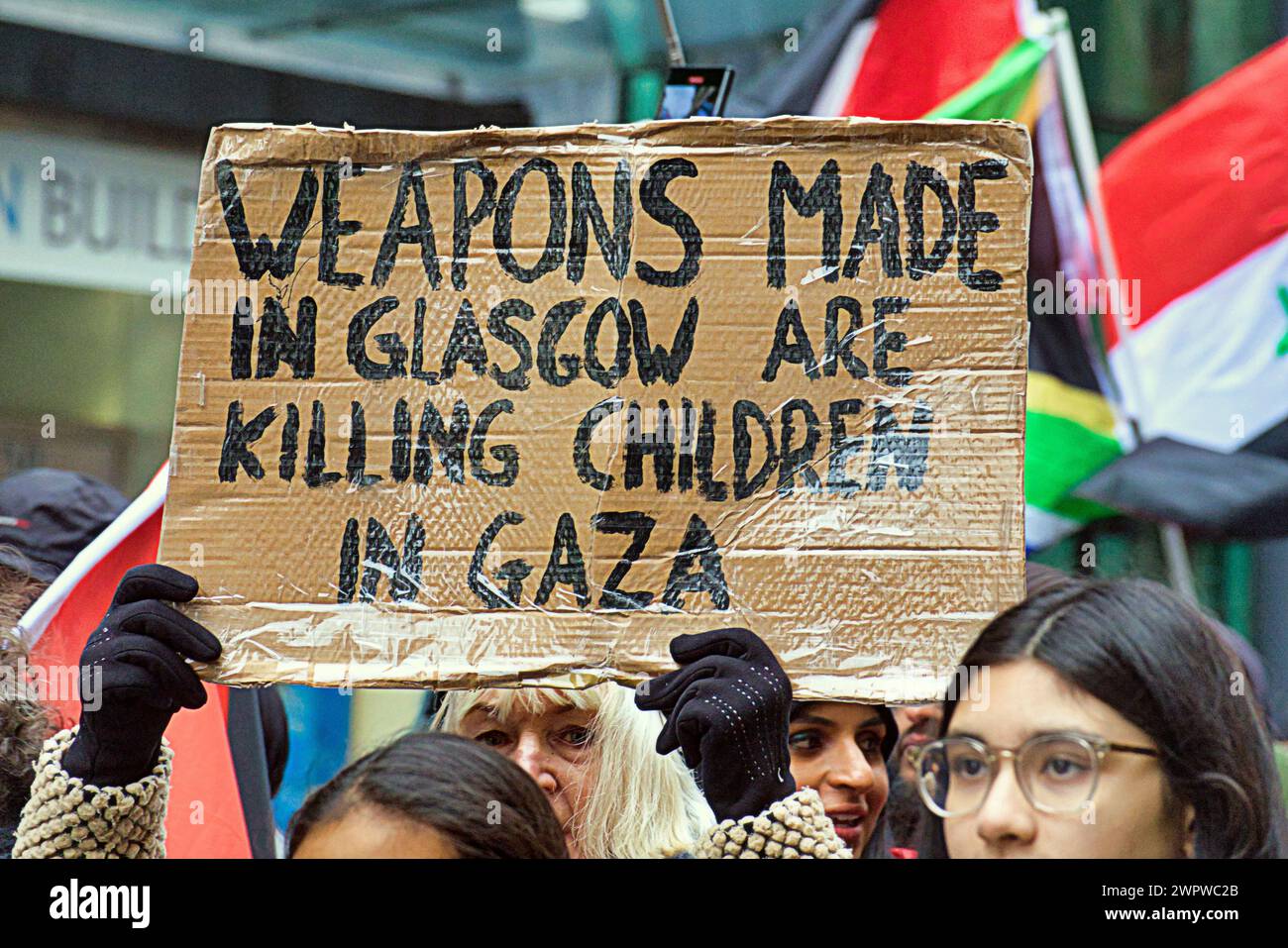 Glasgow, Scotland, UK. 9th March, 2024:Gaza  Palestine protest in George square in front of the entrance to the city chambers followed by a march through the town.  Credit Gerard Ferry/Alamy Live News Stock Photo