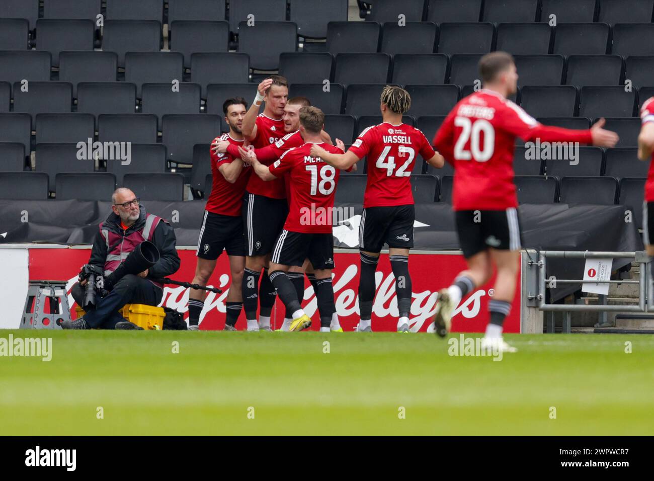 Matt Smith celebrates after scoring for Salford City, to take the lead to make it 1 - 0 against Milton Keynes Dons, during the first half of the Sky Bet League 2 match between MK Dons and Salford City at Stadium MK, Milton Keynes on Friday 8th March 2024. (Photo: John Cripps | MI News) Credit: MI News & Sport /Alamy Live News Stock Photo