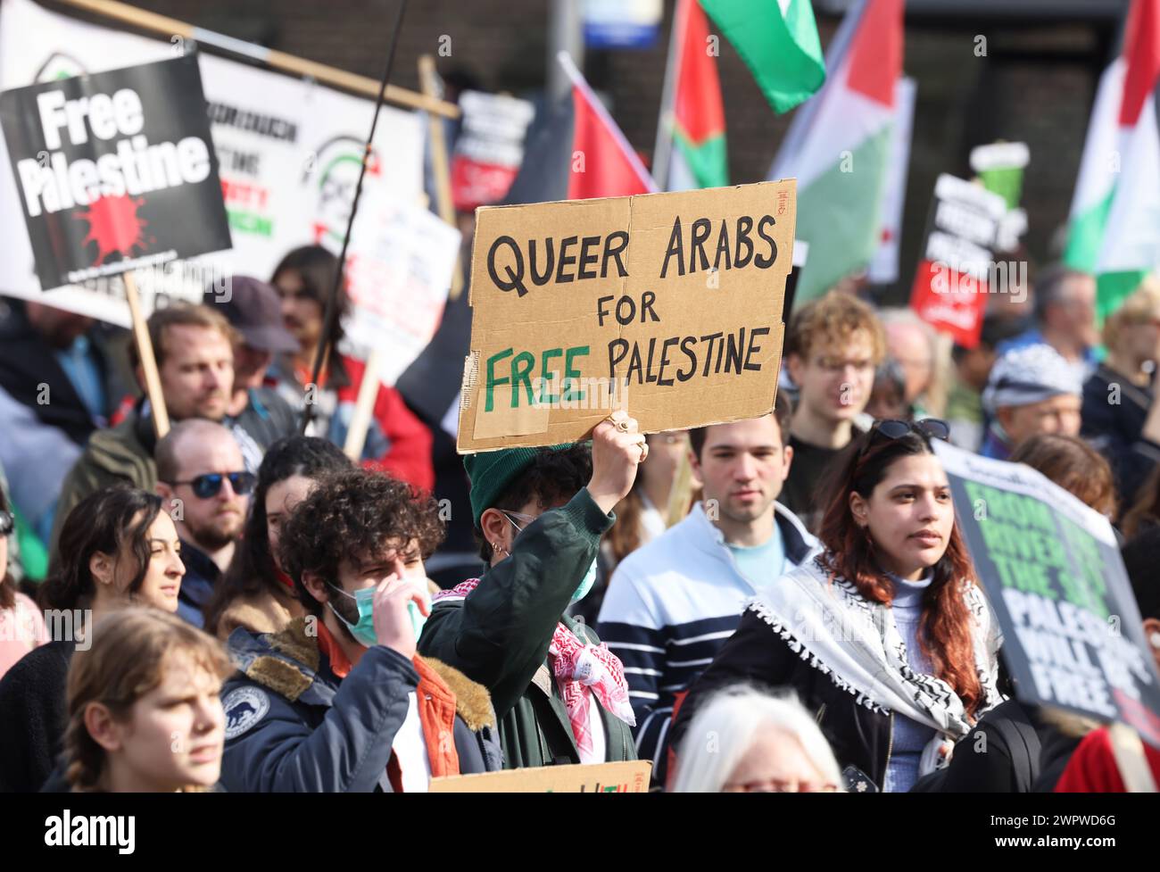 London, UK, 9th March 2024. Tens of thousands of people from all walks of life joined the 10th march for a ceasefire in Gaza, and the first since the PM Rishi Sunak's high profile speech about extremists. Welsh singer Charlotte Church joined the rally and was due to speak. Credit : Monica Wells/Alamy Live News Stock Photo