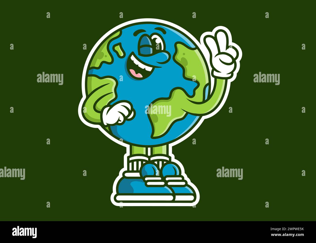 Mascot character illustration of earth with hands forming a symbol of peace. blue green colors Stock Vector