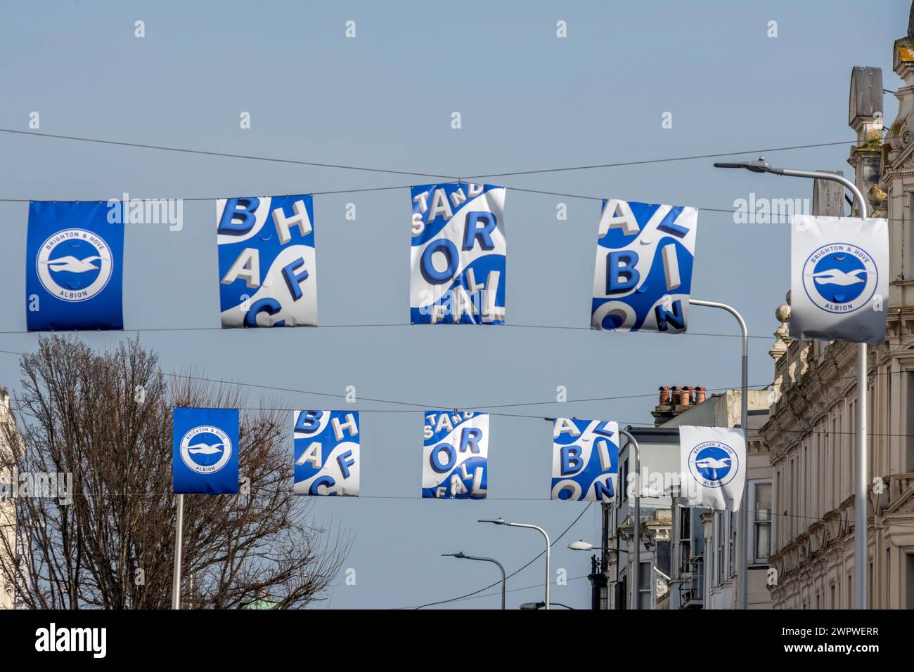 Brighton, March 8th 2024: City centre banners for Brighton and Hove Albion FC Stock Photo