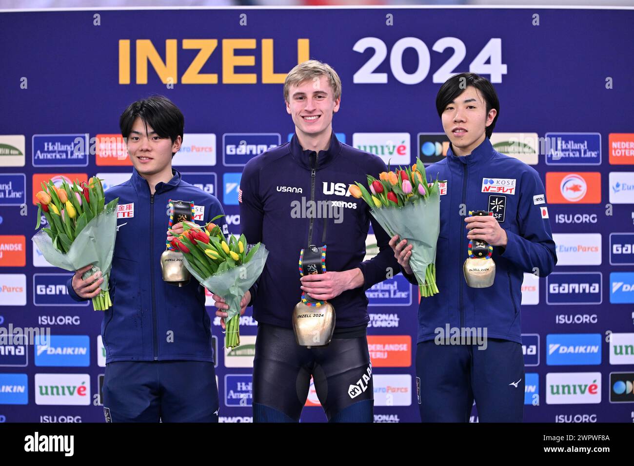 Inzell, Germany. 09th Mar, 2024. Speed skating, sprint world championships, award ceremony, men's 500 meters. Shomu Sasaki (l-r, 2nd place, Japan), Jordan Stolz (1st place, USA) and Riku Tsuchiya (3rd place, Japan) are delighted with their placings. Credit: Peter Kneffel/dpa/Alamy Live News Stock Photo