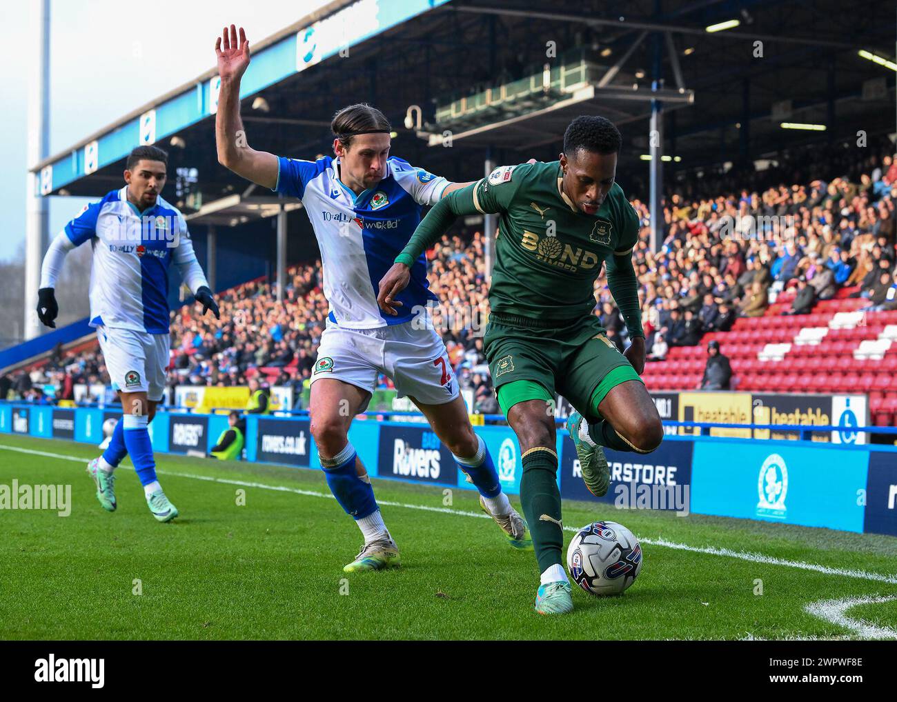 Mickel Miller of Plymouth Argyle shields the ball during the Sky Bet Championship match Blackburn Rovers vs Plymouth Argyle at Ewood Park, Blackburn, United Kingdom, 9th March 2024 (Photo by Stan Kasala/News Images) in, on 3/9/2024. (Photo by Stan Kasala/News Images/Sipa USA) Credit: Sipa USA/Alamy Live News Stock Photo