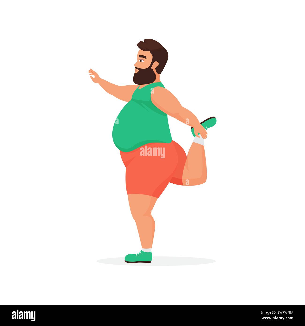 Plus size man standing on one leg to do yoga or gymnastics in gym vector illustration Stock Vector