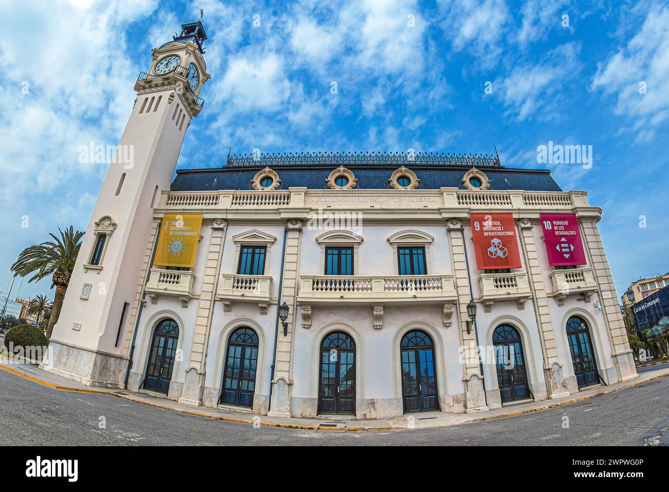 VALENCIA, SPAIN - MARCH 29, 2022: The Clock building or Edifici del Rellotge, a building from Muelle del Turía avenue, built in 1916, currently the he Stock Photo