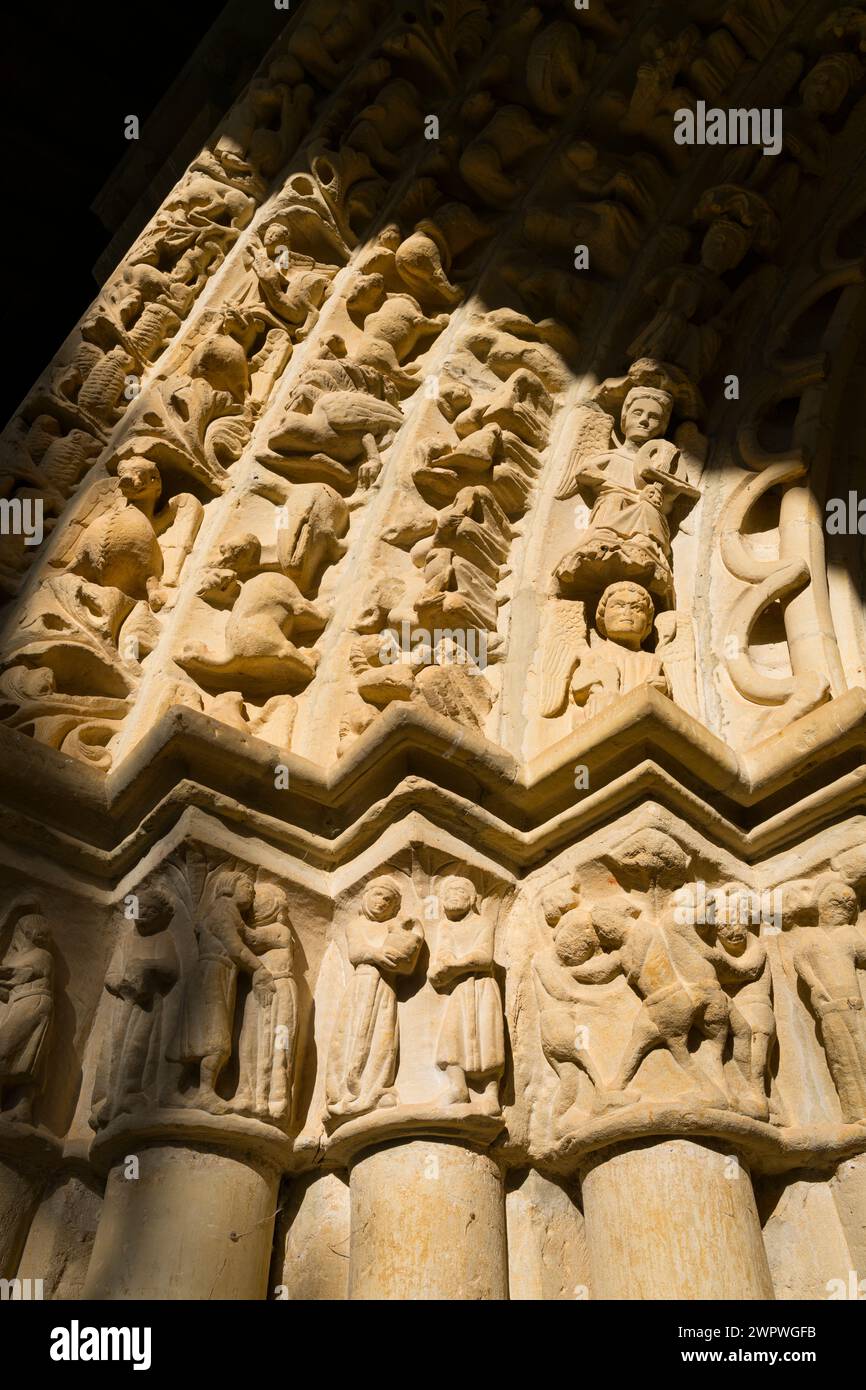 Romanesque portico in the church of Our Lady of the Assumption in the town of Tuesta. Valdegovia Valley. Alava. Basque Country. Spain. Europe Stock Photo