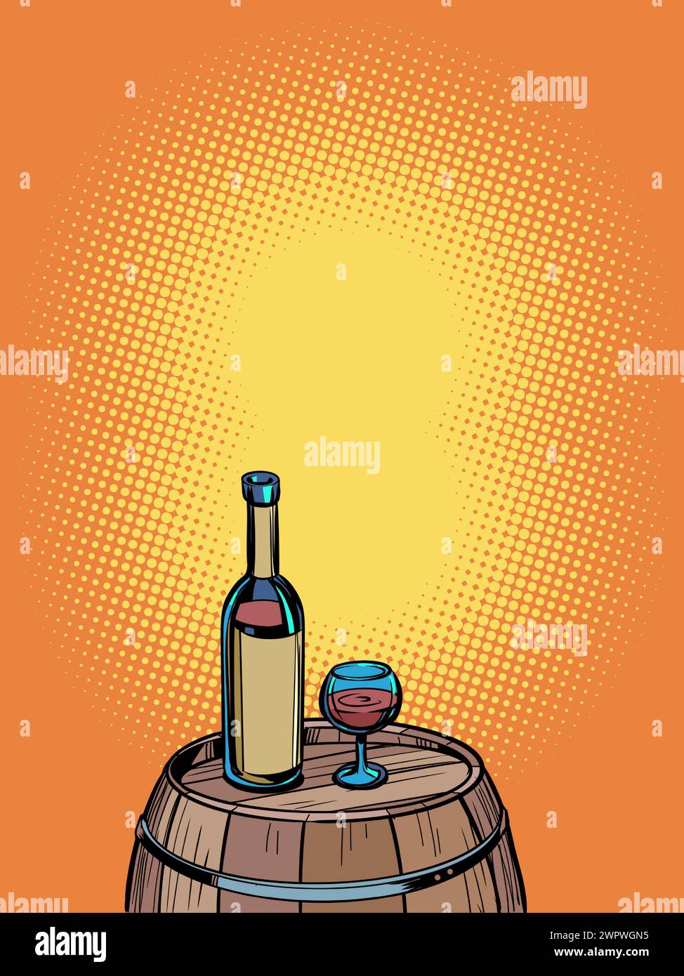 A barrel of wine with a bottle and a glass on it. Unique offers for clients of bars and tourist places. Alcoholic drinks with incredible taste. Comic Stock Vector