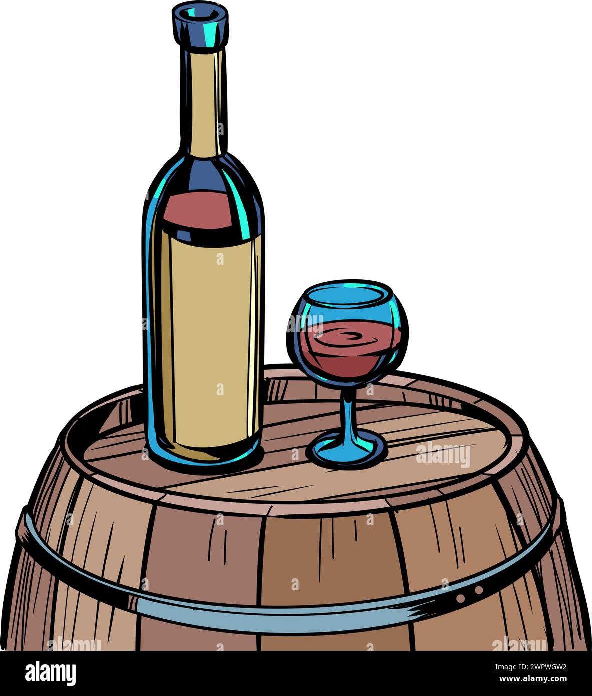 A barrel of wine with a bottle and a glass on it. Unique offers for clients of bars and tourist places. Alcoholic drinks with incredible taste. Comic Stock Vector