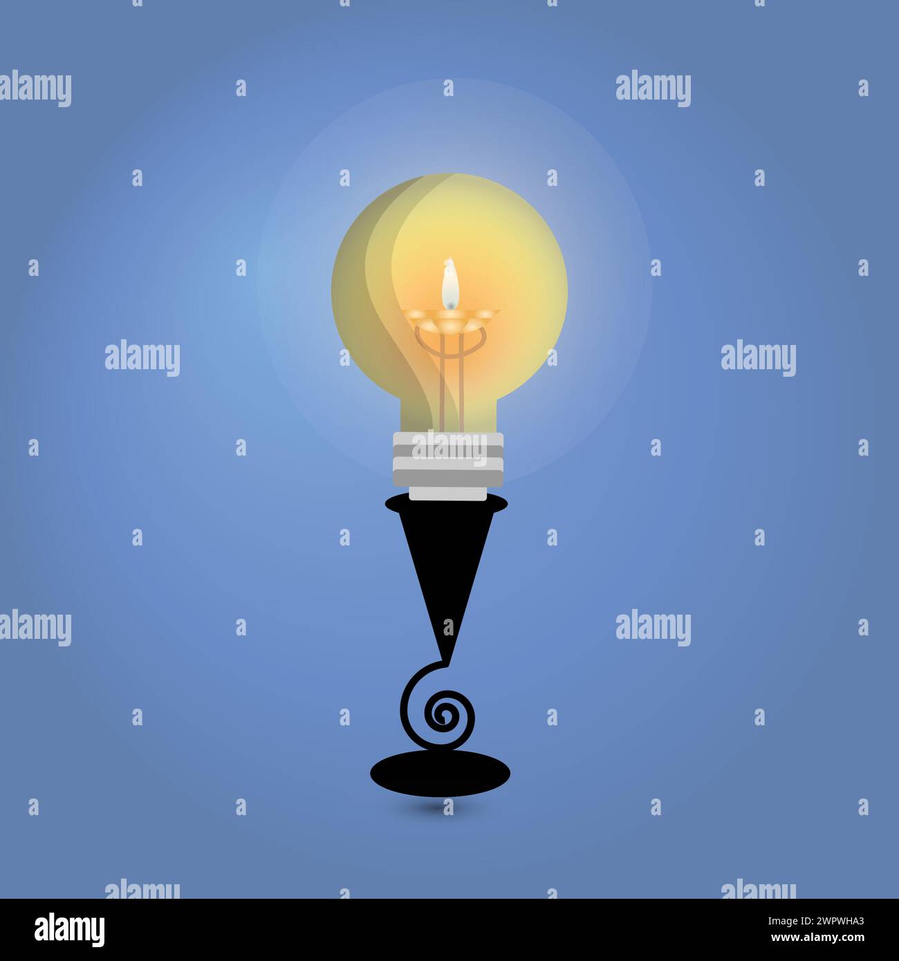 Light bulb with a burning candle inside on a black candle holder Stock Vector