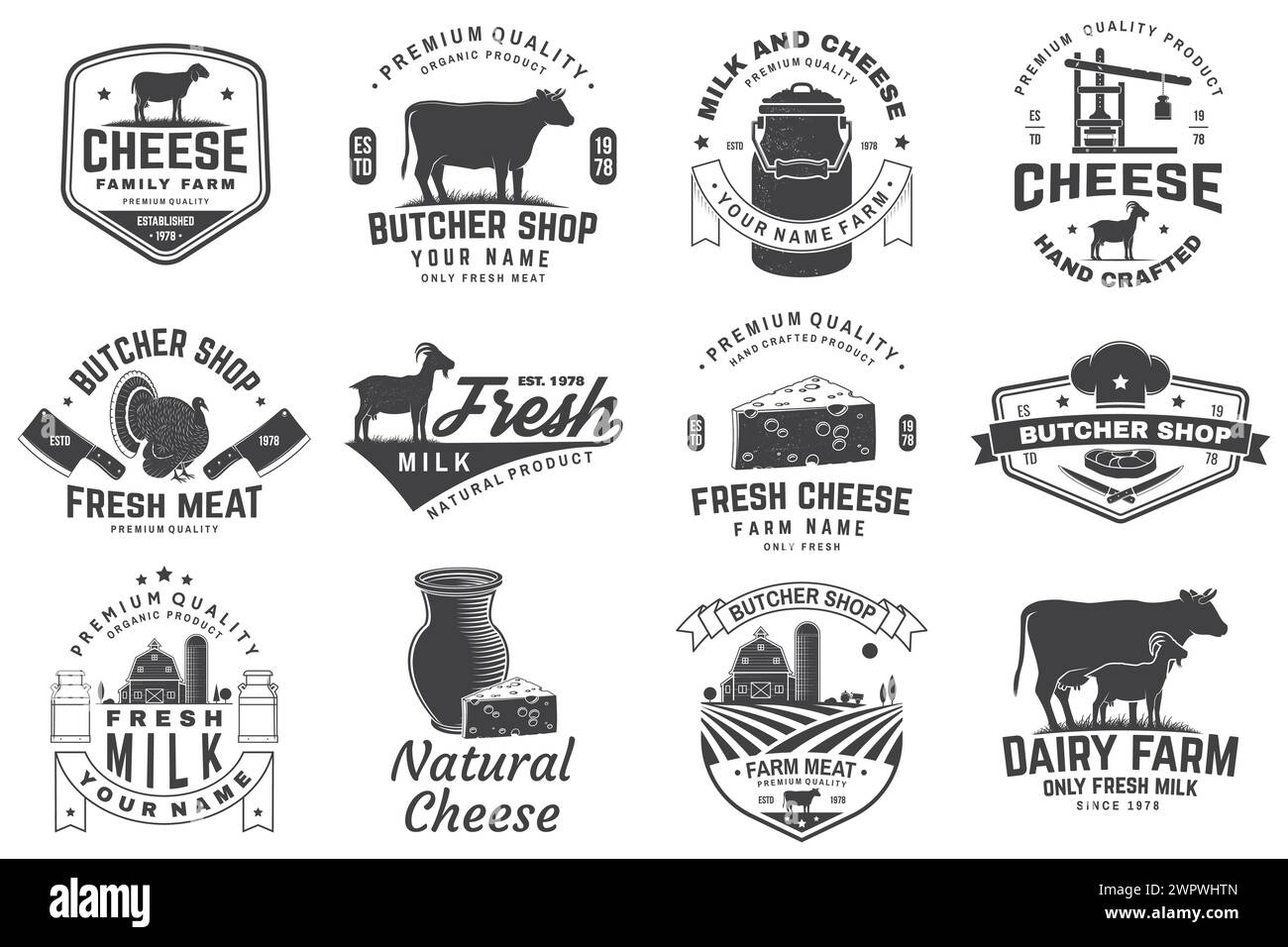 Cheese, butcher, dairy and milk family farm badge design. Template for butcher, cheese, dairy and milk farm business - shop, market, packaging and Stock Vector