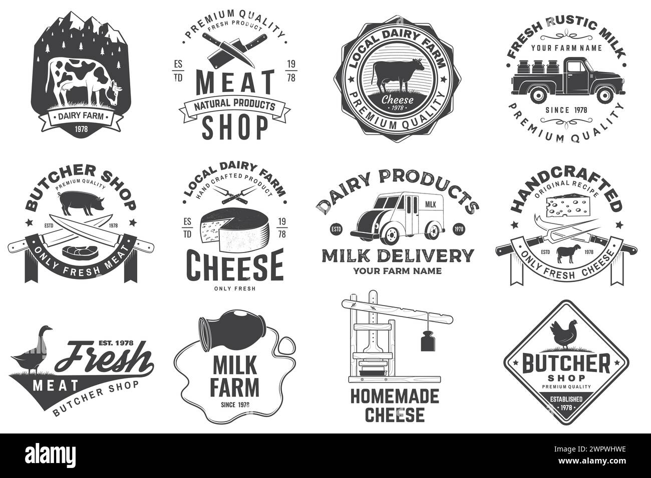 Cheese, butcher, dairy and milk family farm badge design. Template for butcher, cheese, dairy and milk farm business - shop, market, packaging and Stock Vector