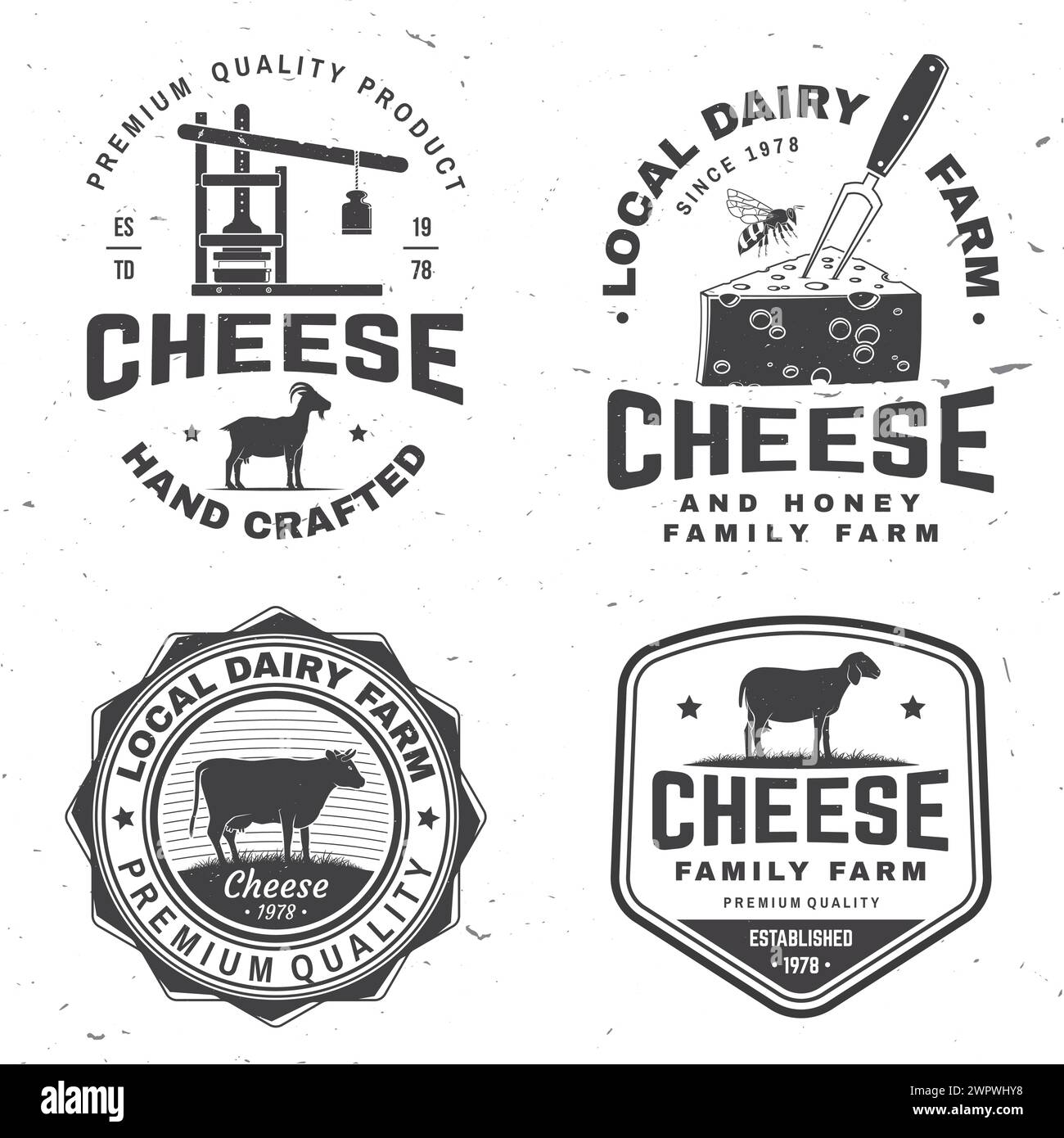 Cheese family farm badge design. Template for logo, branding design with block cheese, sheep lacaune on the grass, cow, fork, knife, cheese press Stock Vector