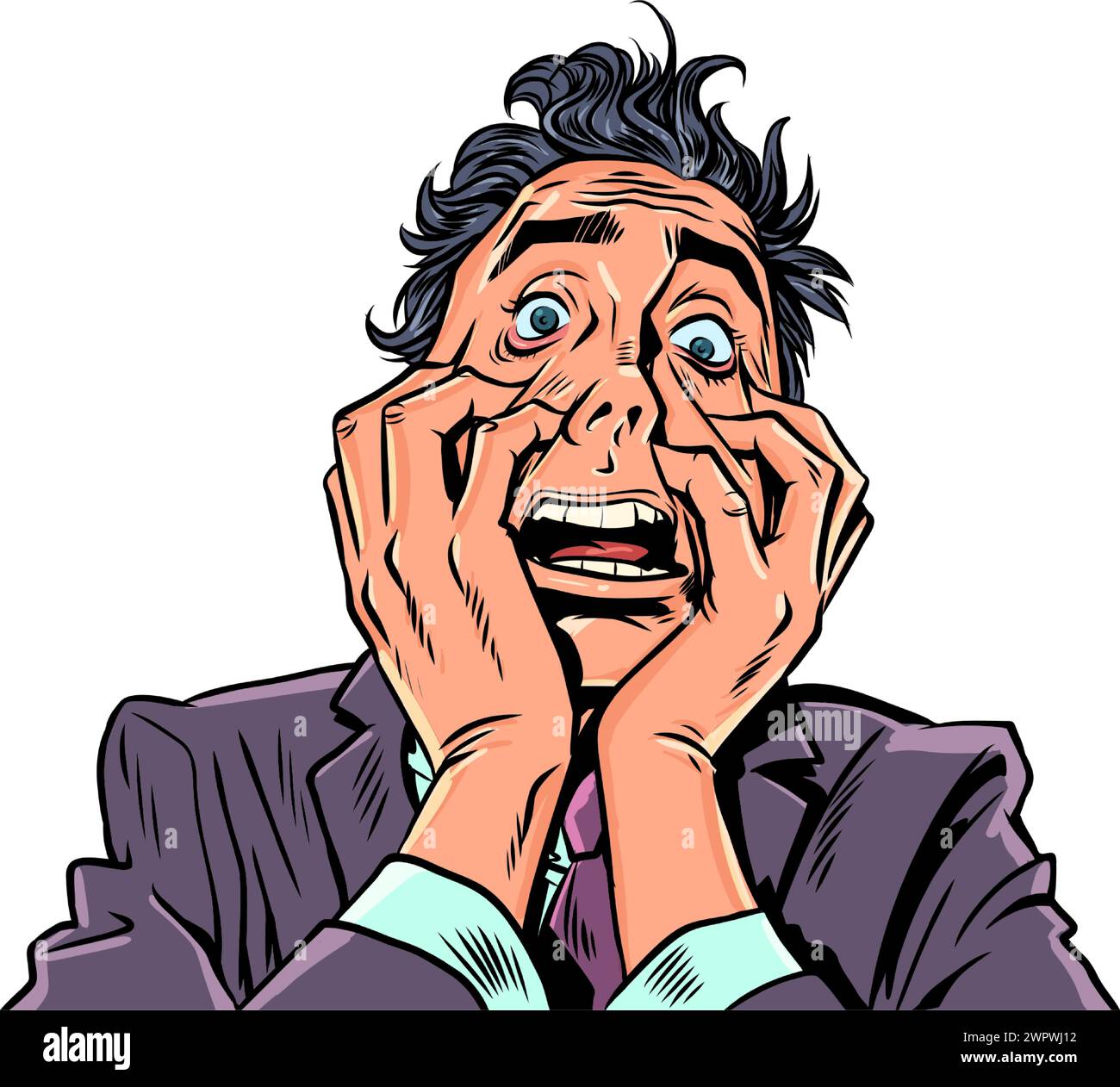 A man in a suit holds his face in a panic. Crazy offers for clients. A desperate situation requiring a quick solution. Comic cartoon pop art retro vec Stock Vector