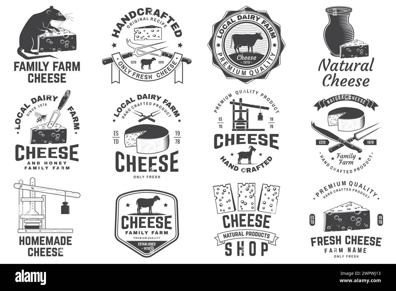 Cheese family farm badge design. Template for logo, branding design with block cheese, sheep lacaune on the grass, fork, knife for cheese, cow, cheese Stock Vector