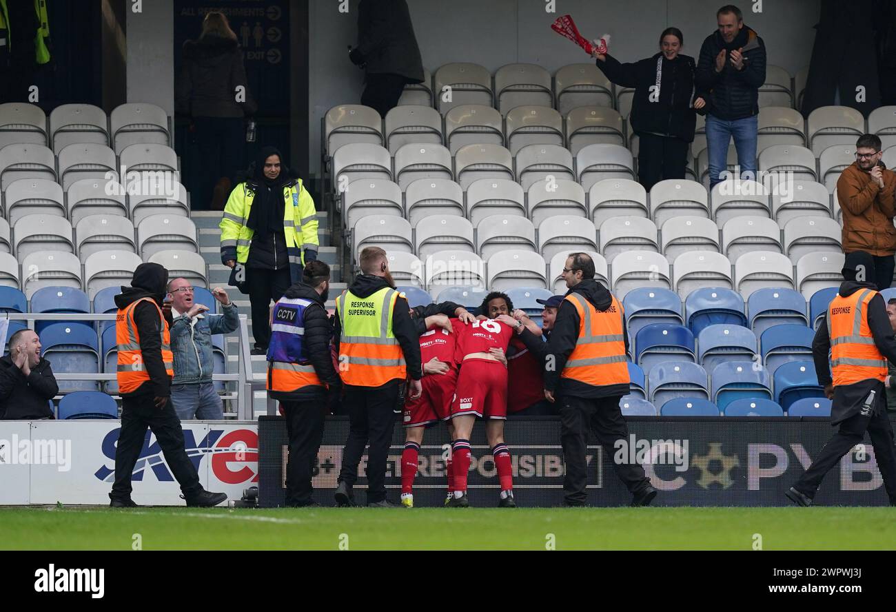 LONDON, ENGLAND - MARCH 9: Marcus Forss of Middlesbrough celebrating his goal to make it 0-2 during the Sky Bet Championship match between Queens Park Rangers and Middlesbrough at Loftus Road on March 9, 2024 in London, England.(Photo by Dylan Hepworth/MB Media) Stock Photo
