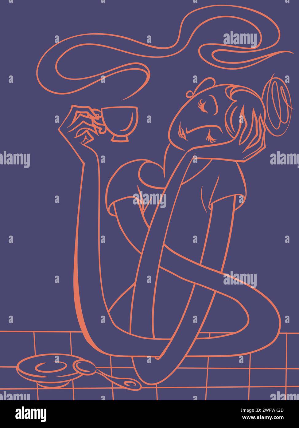 A woman with long arms enjoys a hot drink. Harmony with yourself. Logo for a coffee shop or restaurant. Comic cartoon pop art retro vector illustratio Stock Vector