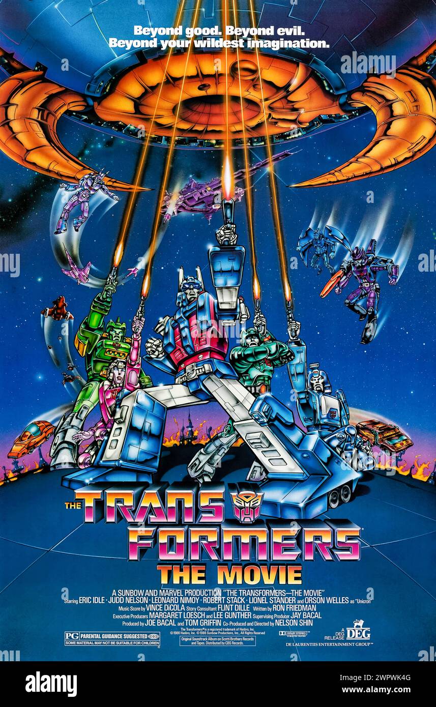 The Transformers: The Movie (1986) directed by Nelson Shin and starring Orson Welles, Robert Stack and Leonard Nimoy. The Autobots must stop a colossal planet consuming robot who goes after the Autobot Matrix of Leadership. At the same time, they must defend themselves against an all-out attack from the Decepticons. Photograph of an original 1986 US one sheet poster. ***EDITORIAL USE ONLY*** Credit: BFA / DEG Stock Photo