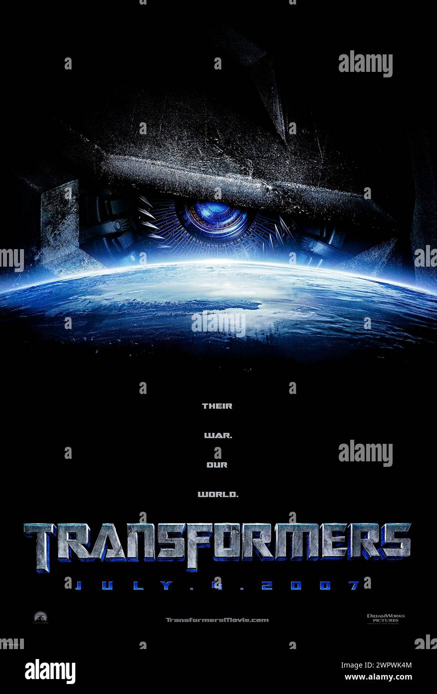 Transformers (2007) directed by Michael Bay and starring Shia LaBeouf, Megan Fox and Josh Duhamel. An ancient struggle between two Cybertronian races, the heroic Autobots and the evil Decepticons, comes to Earth, with a clue to the ultimate power held by a teenager. Photograph of an original 2007 US advance poster. ***EDITORIAL USE ONLY*** Credit: BFA / Paramount Pictures Stock Photo