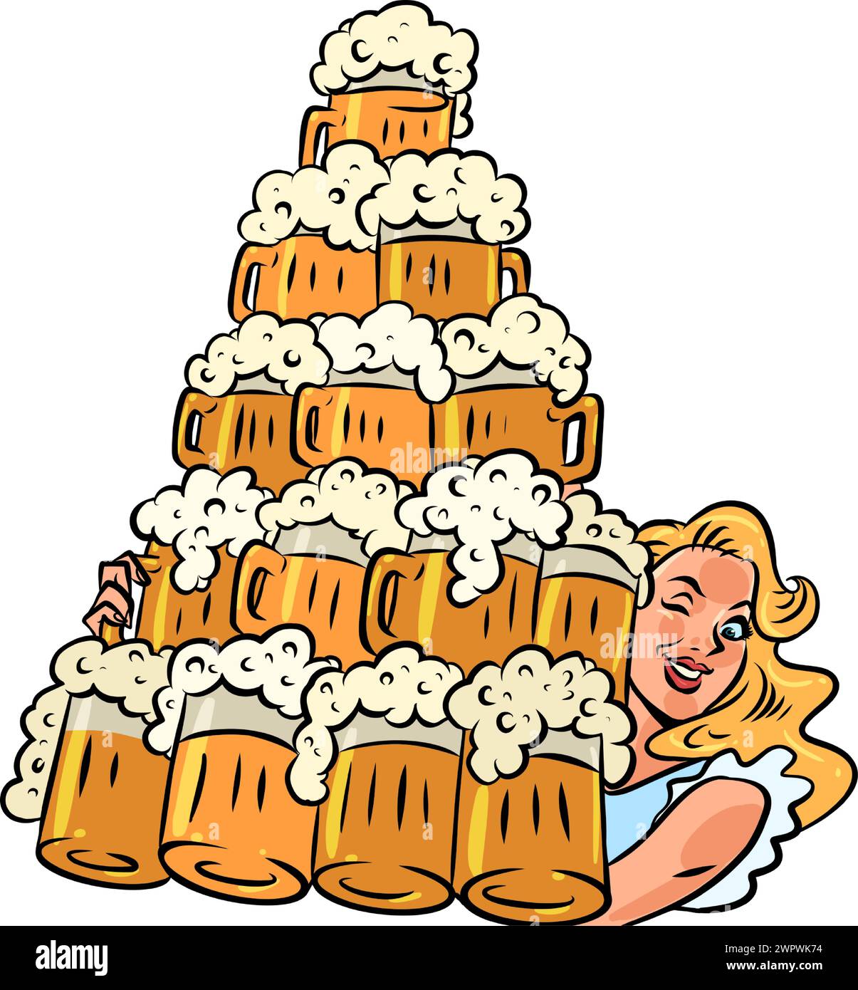 The girl offers excellent foamy beer to visitors. Great deals for a bar, tavern or restaurant. The waitress does a fantastic job for the establishment Stock Vector