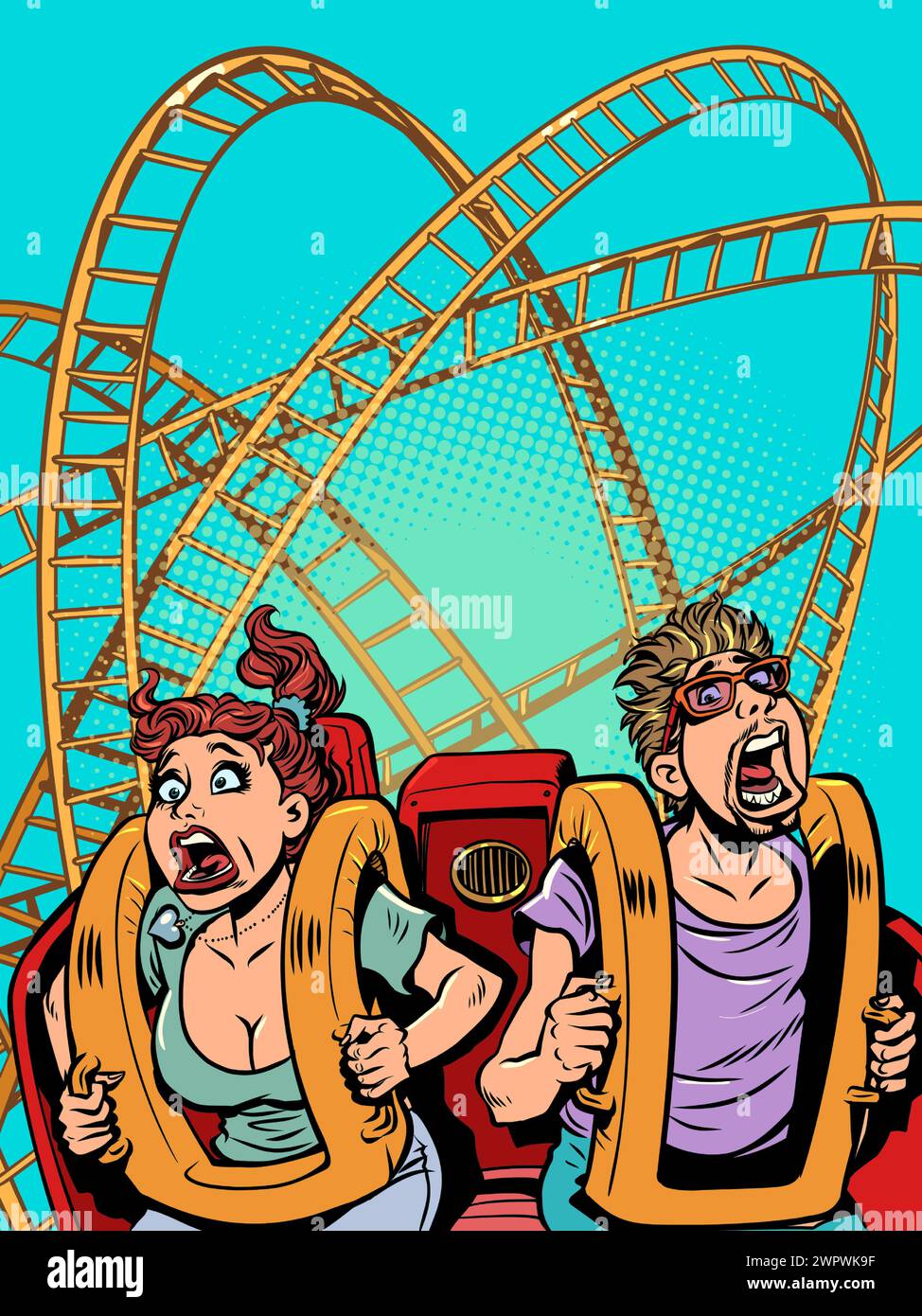 People scream and ride a roller coaster. Poster for amusement park and free leisure. A banner with a unique offer that will turn your head. Comic cart Stock Vector